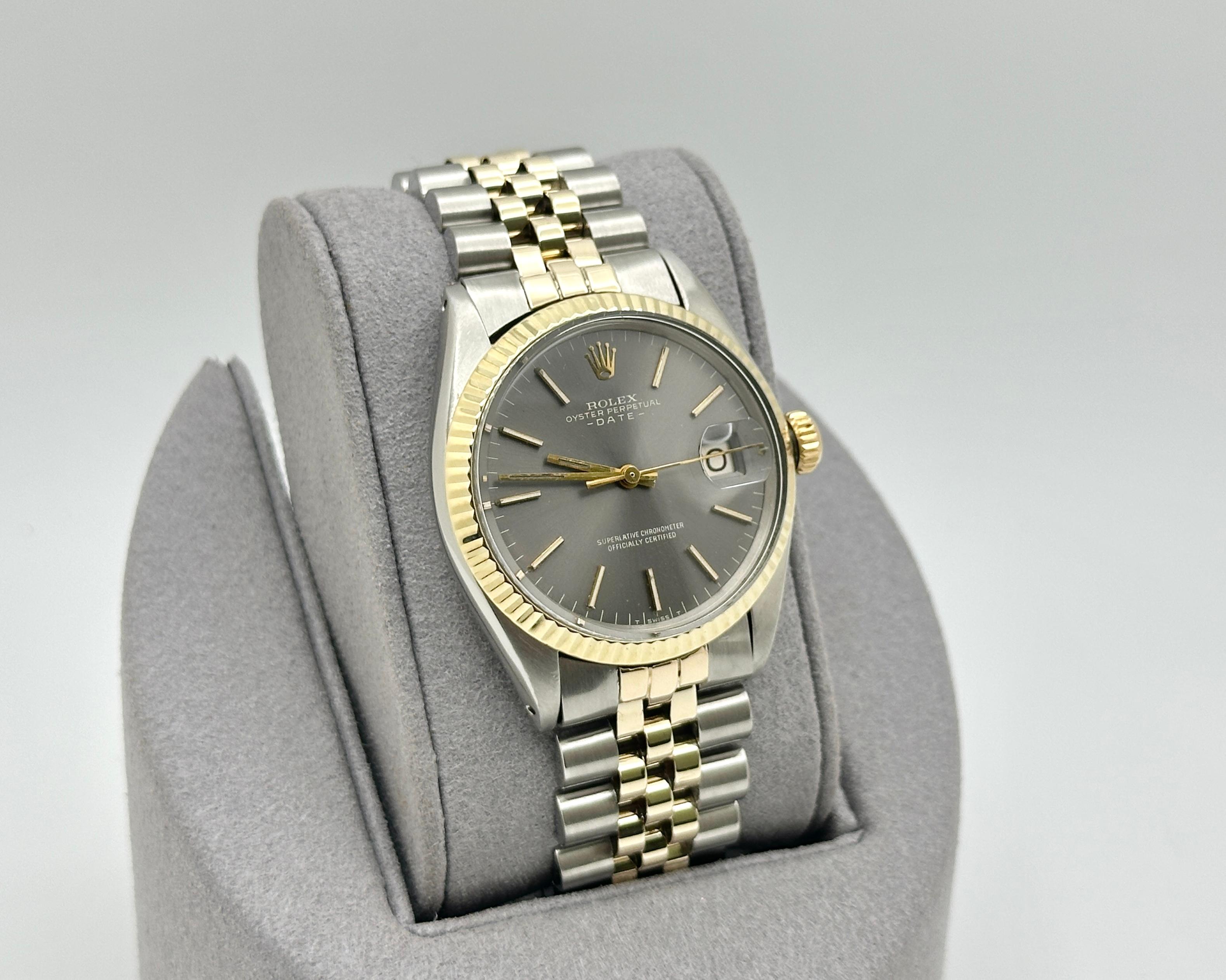 Rolex Oyster Perpetual Date 1500 34mm Cadran gris Or jaune 14K Acier inoxydable en vente 1