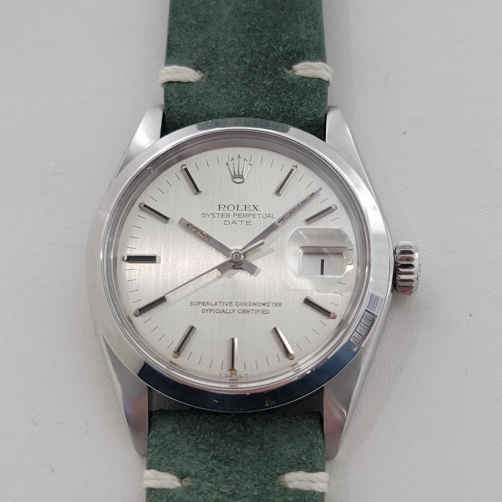 Timeless classic, Men's Rolex Oyster Perpetual 1500 Date automatic, c.1974, in excellent working condition. Verified authentic by a master watchmaker. Gorgeous Rolex signed silver dial, applied baton index hour markers, silver minute and hour hands,
