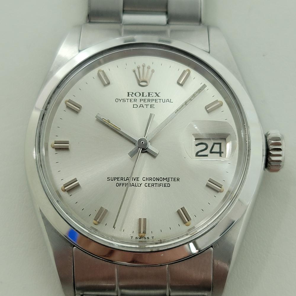 Classique iconique, Rolex Oyster Perpetual 1500 Date automatique pour homme en acier inoxydable, c.1970, d'origine, en excellent état de marche. Vérifié authentique par un maître horloger. Magnifique cadran argenté signé Rolex, index appliqués,
