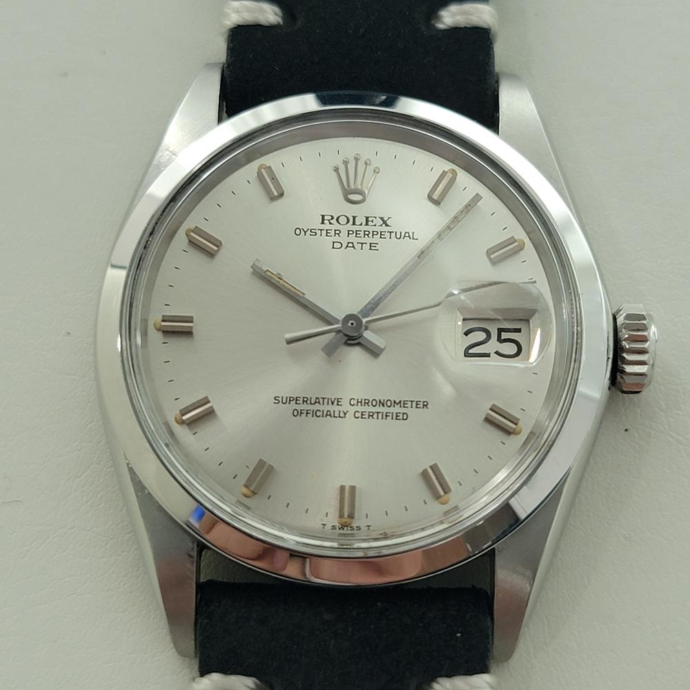Classic icon, Rolex Oyster Perpetual 1500 Date automatic, c.1970, in excellent working condition. Verified authentic by a master watchmaker. Gorgeous Rolex signed silver dial, applied index hour markers, silver minute and hour hands, sweeping