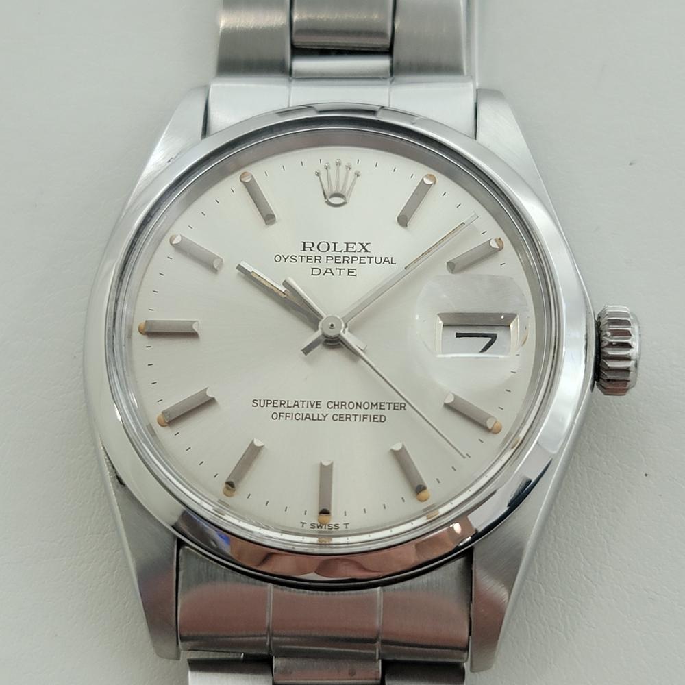 Zeitloser Klassiker, Rolex Oyster Perpetual 1500 Date Automatik Herrenuhr aus Edelstahl, ca. 1973, komplett original, in ausgezeichnetem Zustand. Von einem Uhrmachermeister für echt befunden. Wunderschönes, signiertes silbernes Rolex-Zifferblatt,