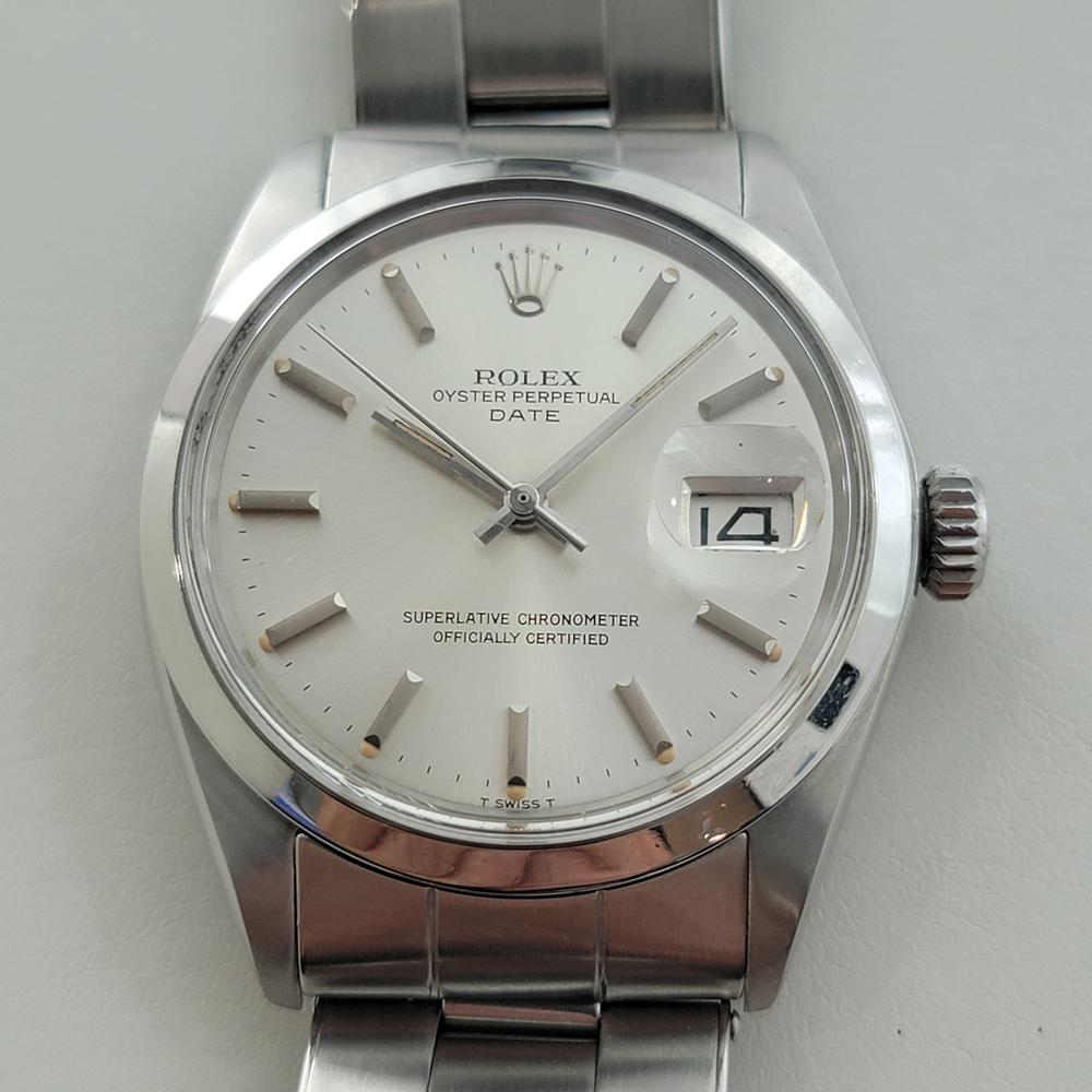 Timeless classic, Rolex all-stainless steel Men's Oyster Perpetual 1500 Date automatic, c.1971, all original, in excellent working condition. Verified authentic by a master watchmaker. Gorgeous Rolex signed silver dial, applied baton index hour