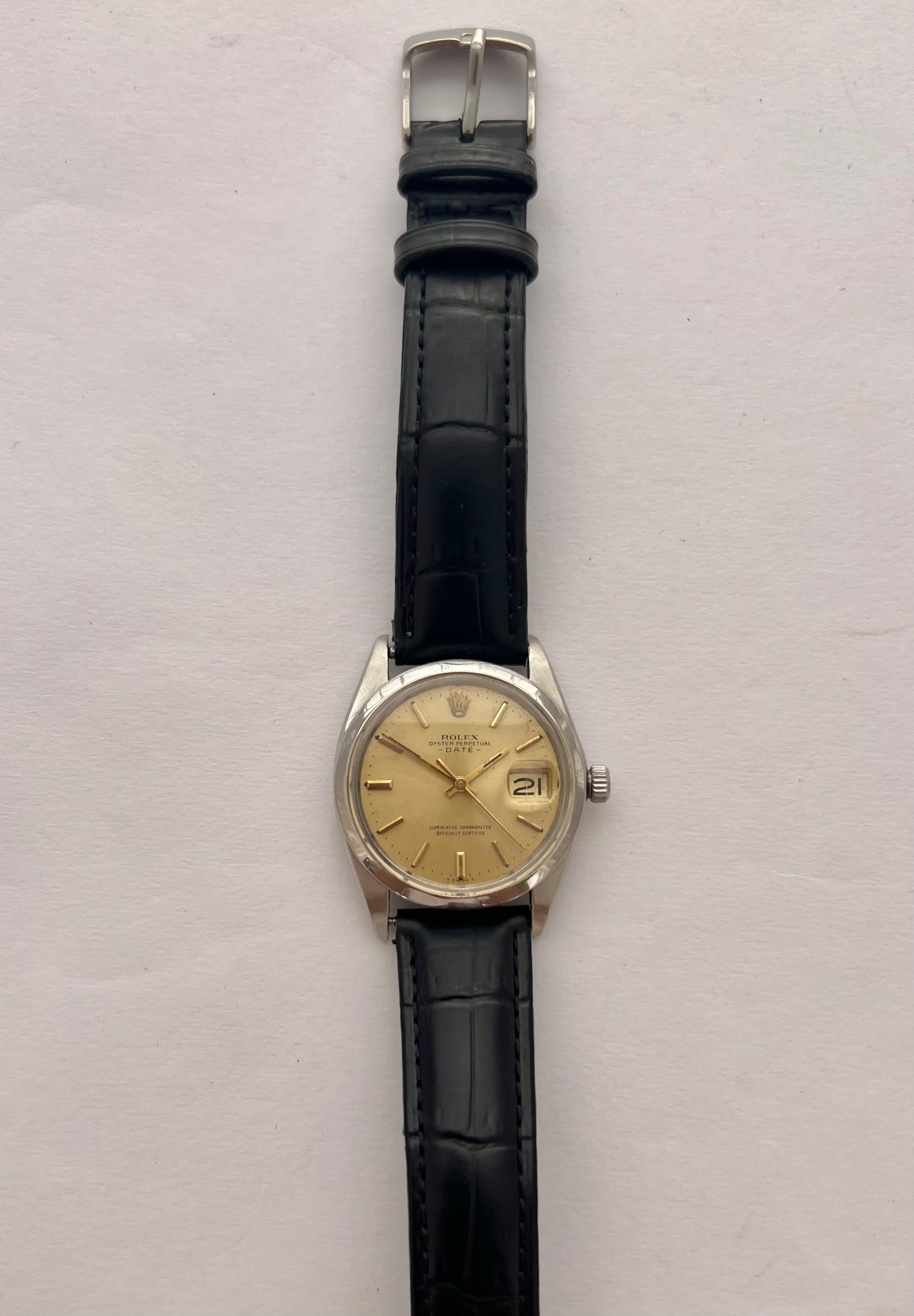 Art Deco Rolex Oyster Perpetual Date 1500 Automatic Original Champagne Dial Watch For Sale