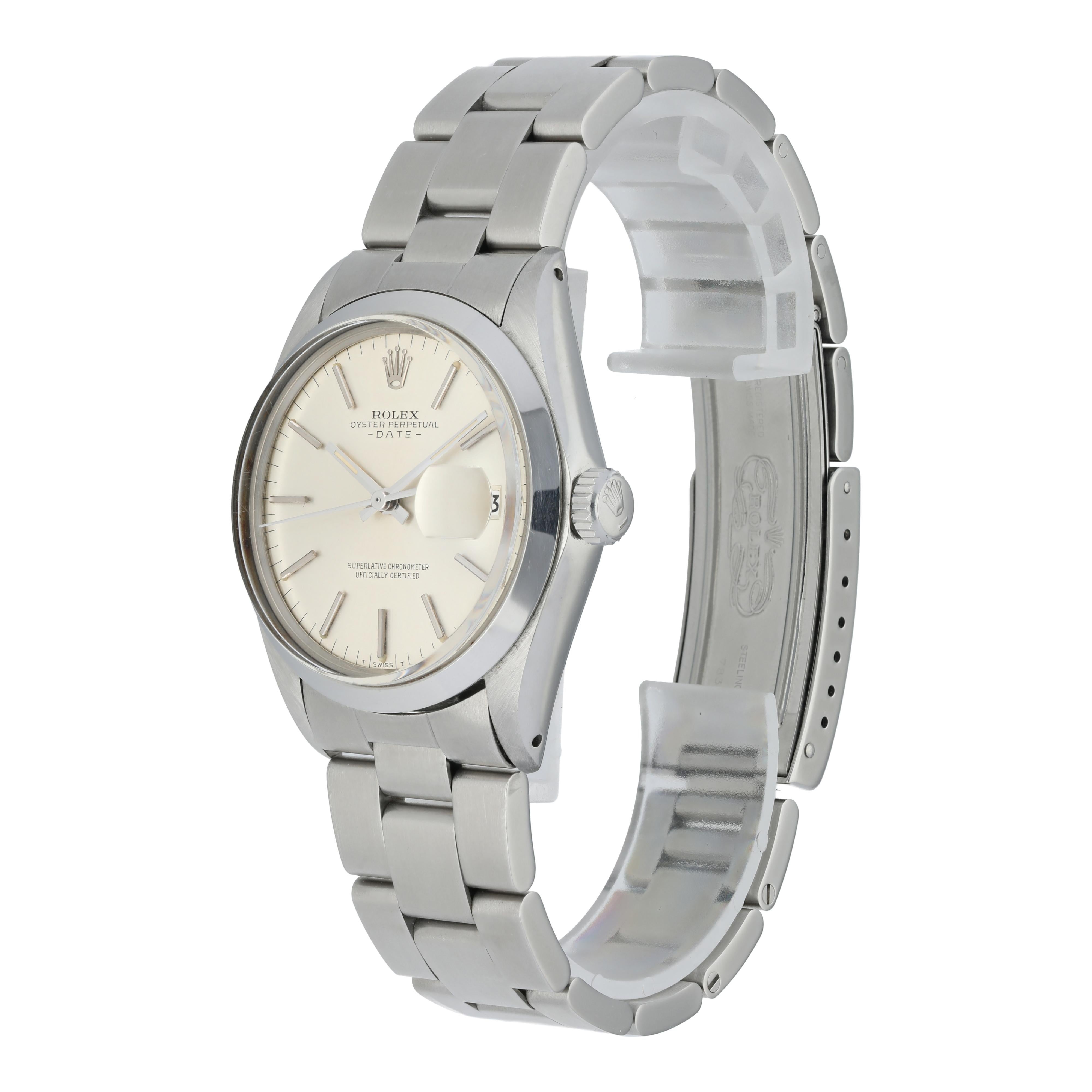 Rolex oyster perpetual Date 1500 Men's Watch.
34mm Stainless Steel case. 
Stainless Steel Stationary bezel. 
Silver dial with steel hands and index hour markers. 
Minute markers on the outer dial. 
Date display at the 3 o'clock position. 
Stainless