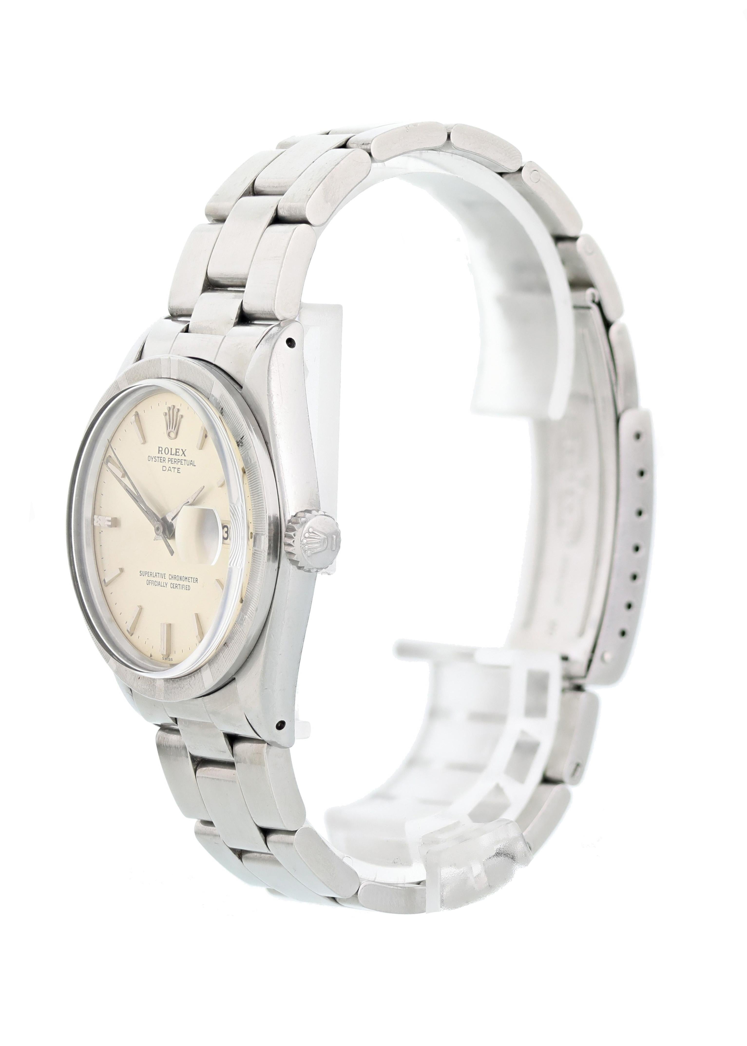 Rolex Oyster Perpetual Date 1501 Vintage Men's Watch. 34mm stainless steel case. Stainless steel engine turned bezel. Silver dial with silver hands and hours markers. Stainless steel oyster band with a fold over clasp. Will fit up to a 7.5-inch