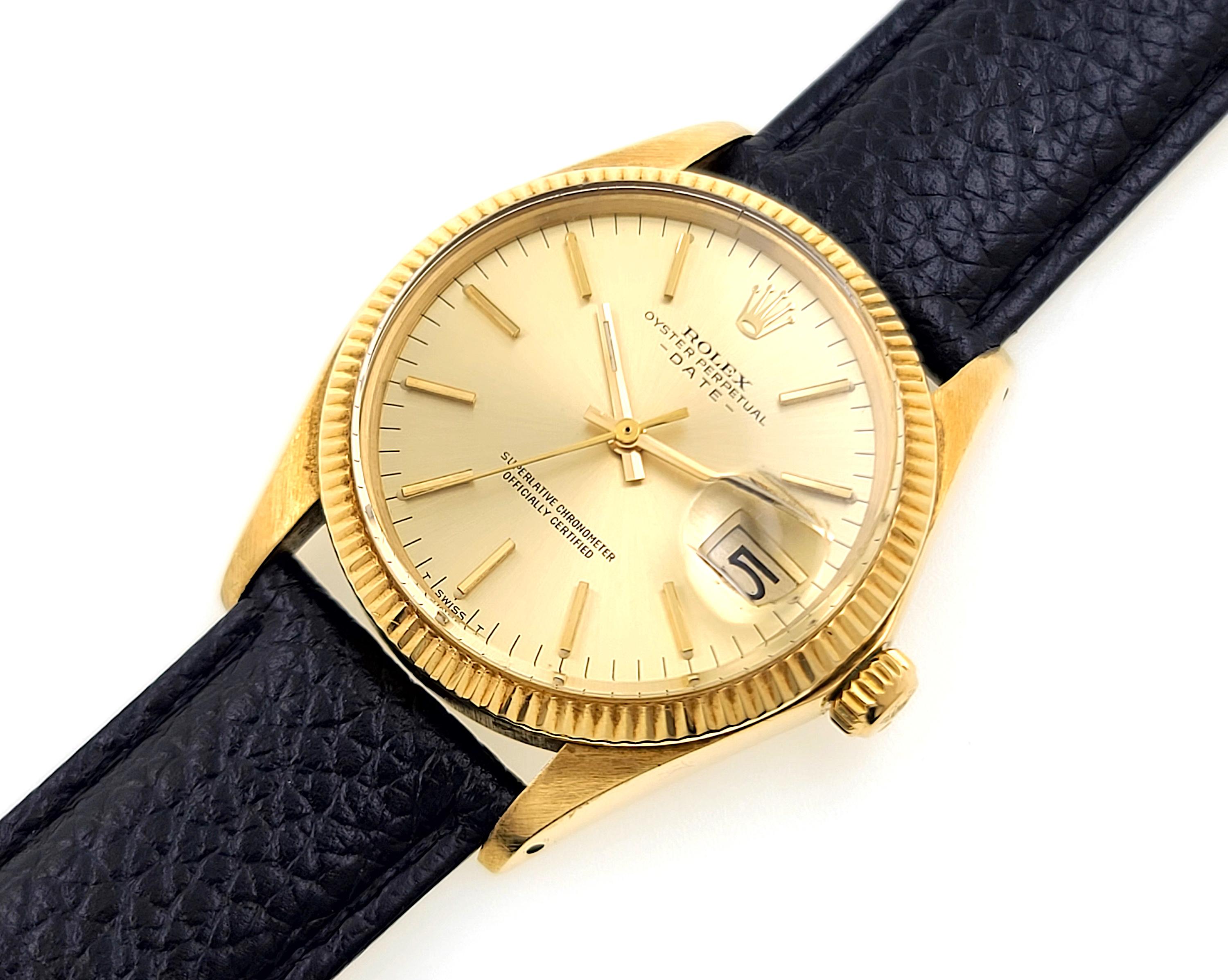 Women's or Men's Rolex Oyster Perpetual Date 1503 Gold Sunburst Dial Solid Gold 14k Gold, 1973 For Sale