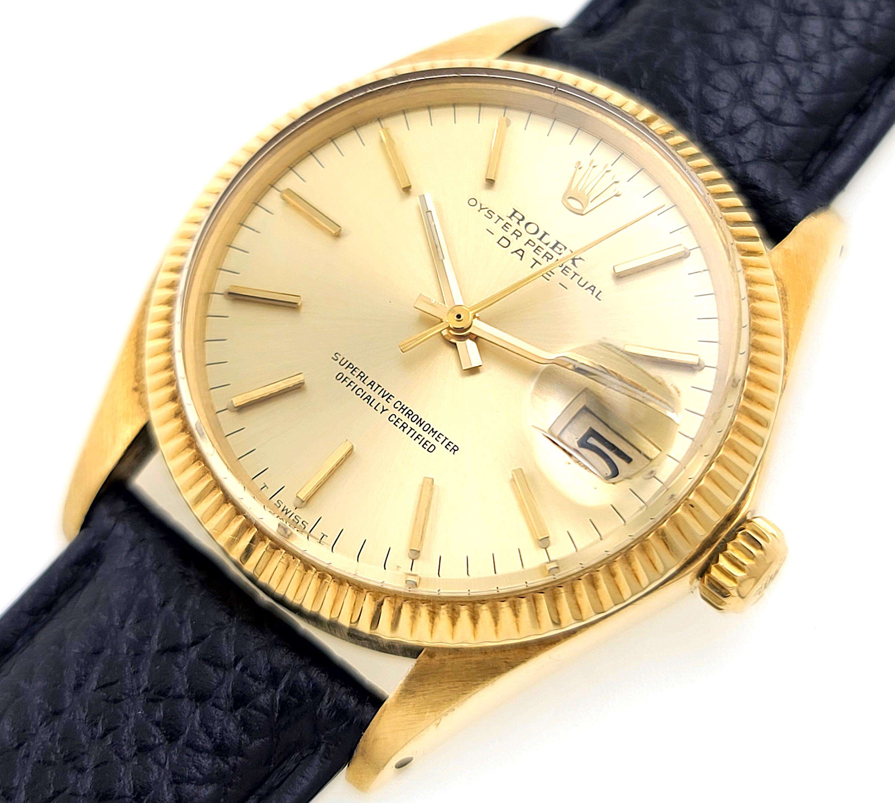 Rolex Oyster Perpetual Date 1503 Gold Sunburst Dial Solid Gold 14k Gold, 1973 For Sale 1
