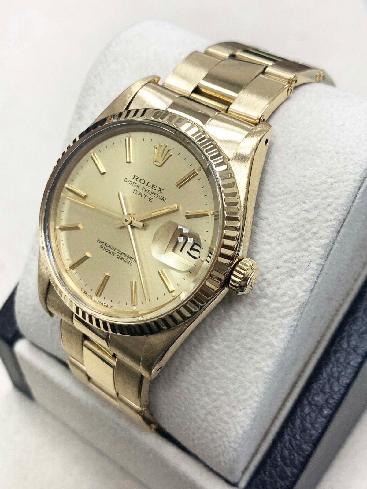 Style Number: 15038
Serial: 8329**
Model: Date
Case Material: 18K Yellow Gold 
Band: 18K Yellow Gold
Bezel: 18K Yellow Gold
Dial: Champagne 
Face: Acrylic 
Case Size: 34mm
Includes: 
-Elegant Watch Box
-Certified Appraisal 
-6 Month Warranty