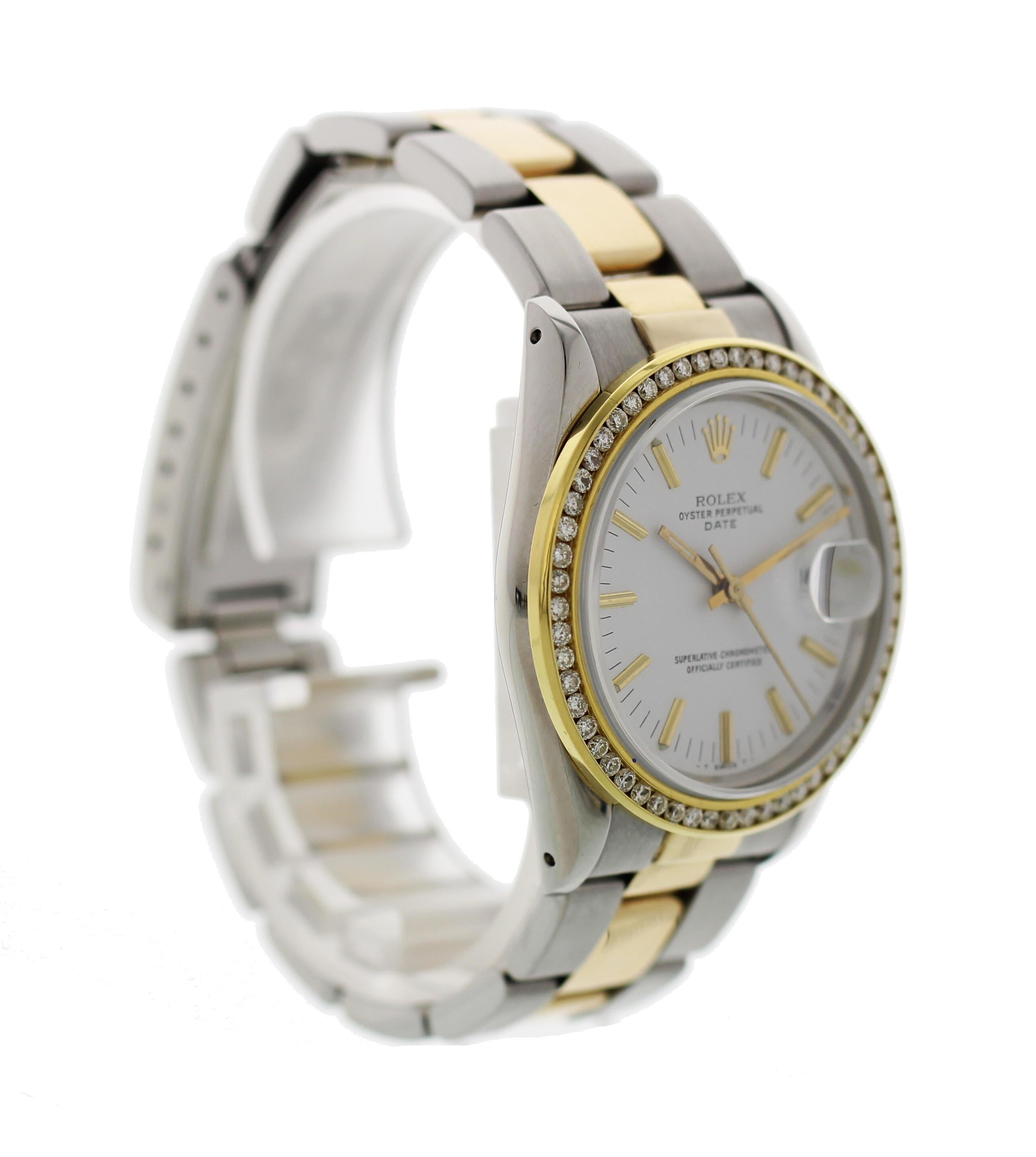 Rolex Oyster Perpetual Date 15053 Two-Tone Diamond Bezel In Excellent Condition For Sale In New York, NY