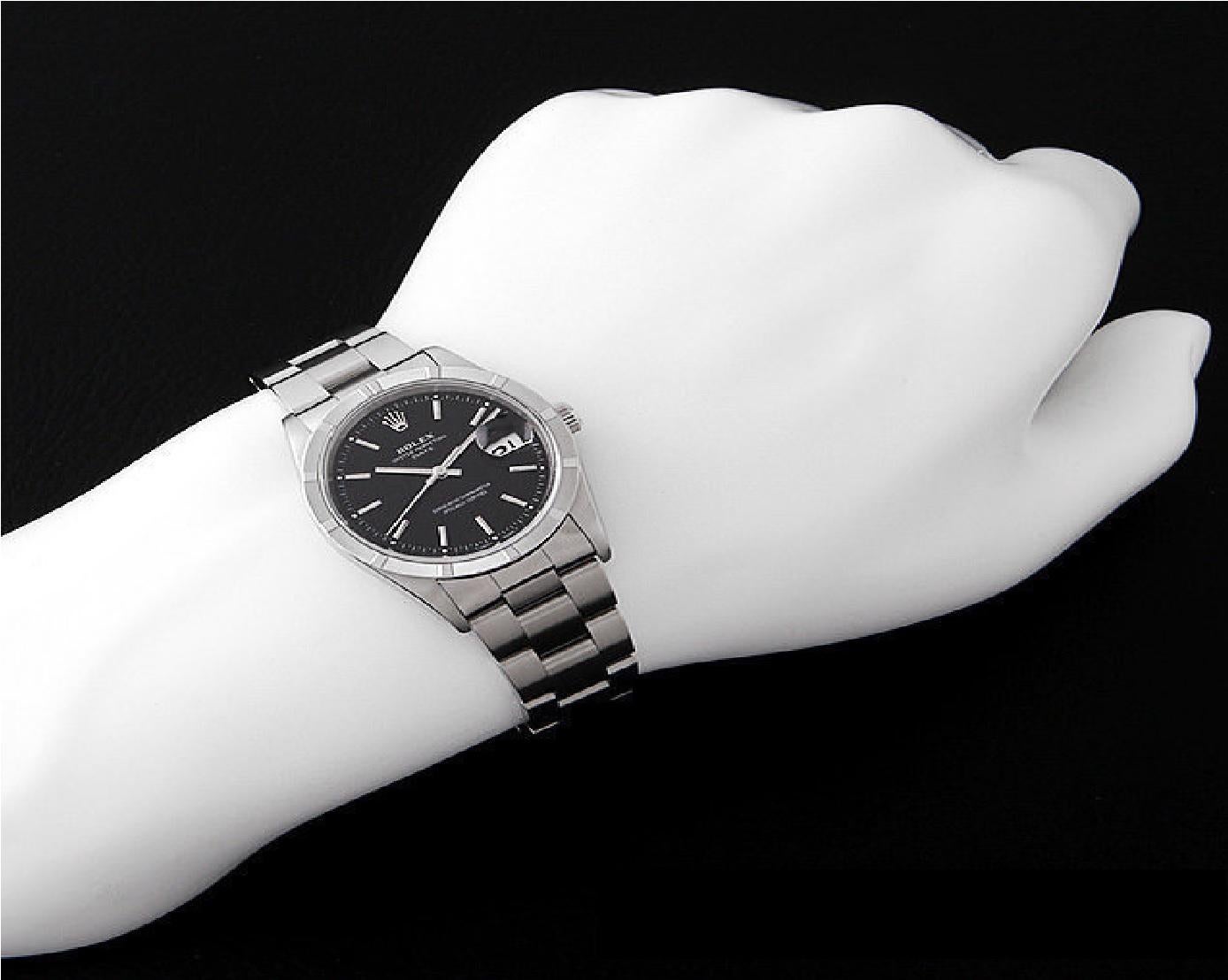 Rolex Oyster Perpetual Date 15210 Black Dial Stainless Men's Wristwatch In Good Condition In Holtsville, NY