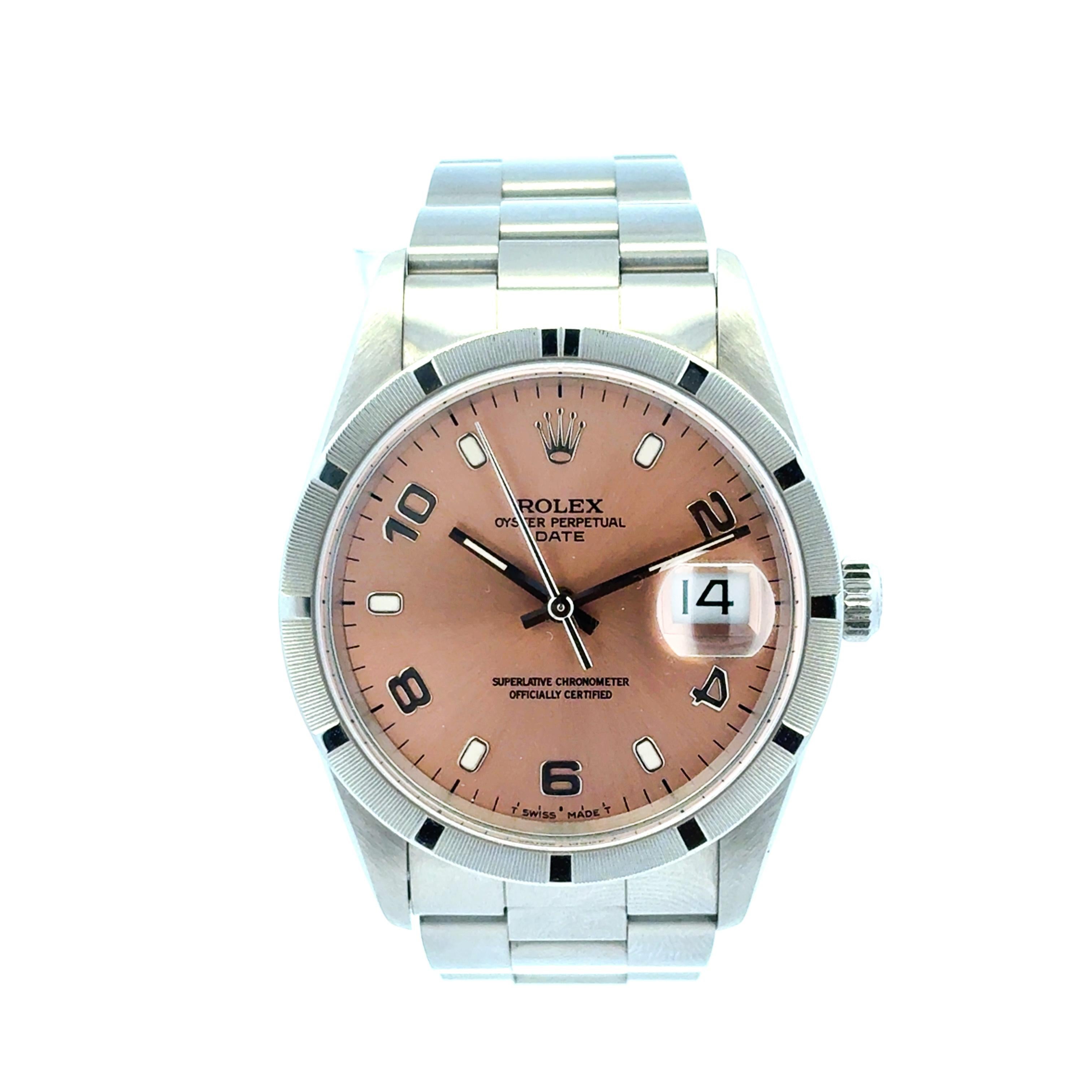 Rolex Oyster Perpetual Date 15210 Salmon Dial Stainless Steel 34mm Watch

This Rolex Oyster Perpetual 15210 Watch is in excellent condition and is ready to ship!

Brand: Rolex
Model: Oyster Perpetual Date
Reference: 15210
Serial: U Serial
Case