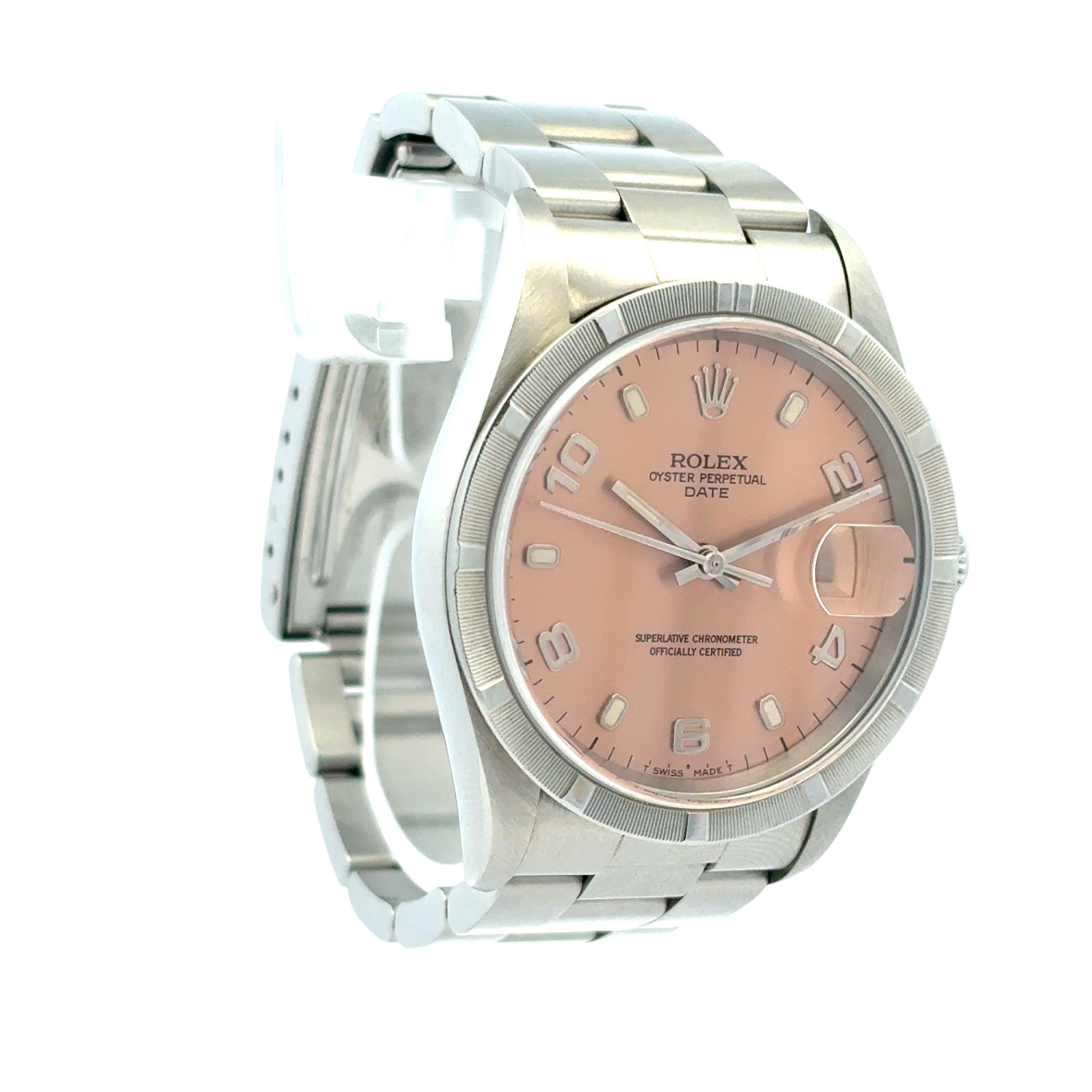 Modern Rolex Oyster Perpetual Date 15210 Salmon Dial Stainless Steel 34mm Watch For Sale