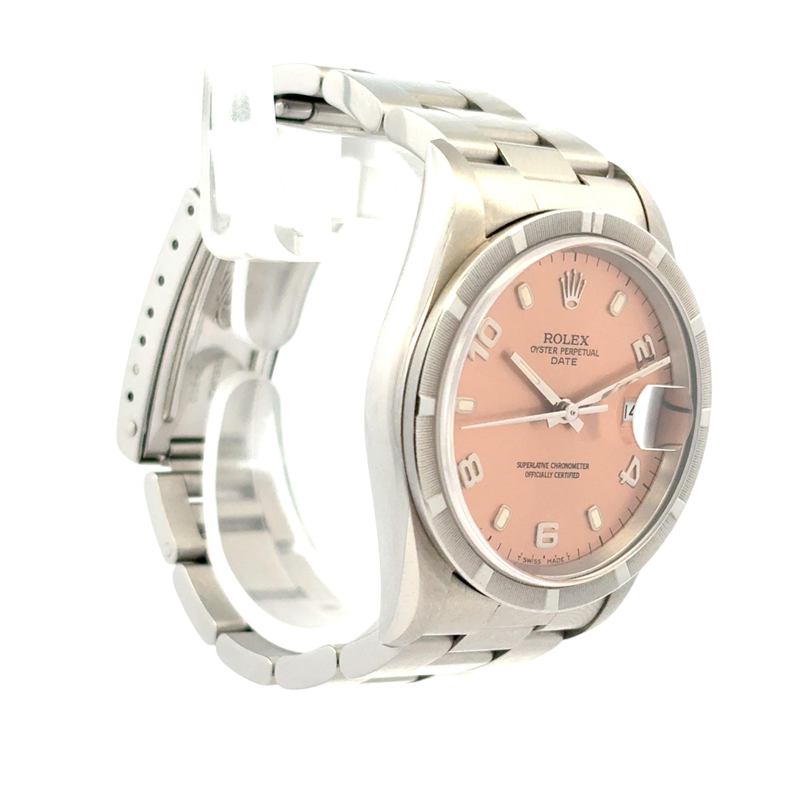 Rolex Oyster Perpetual Date 15210 Salmon Dial Stainless Steel 34mm Watch In Excellent Condition For Sale In Boca Raton, FL