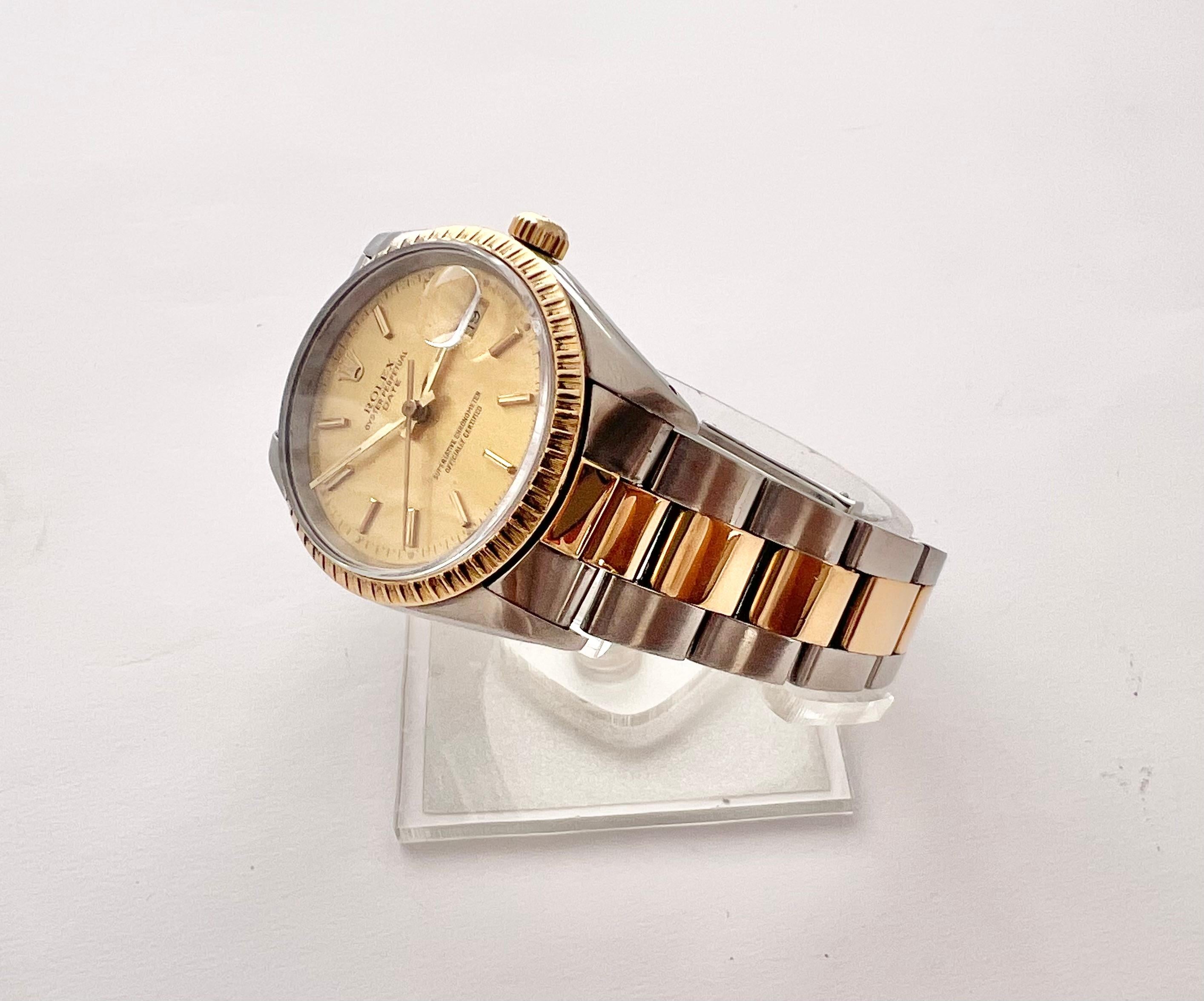 Rolex Oyster Perpetual Date 15223 Champagne Dial 18k Yellow Gold & Steel Watch   For Sale 4