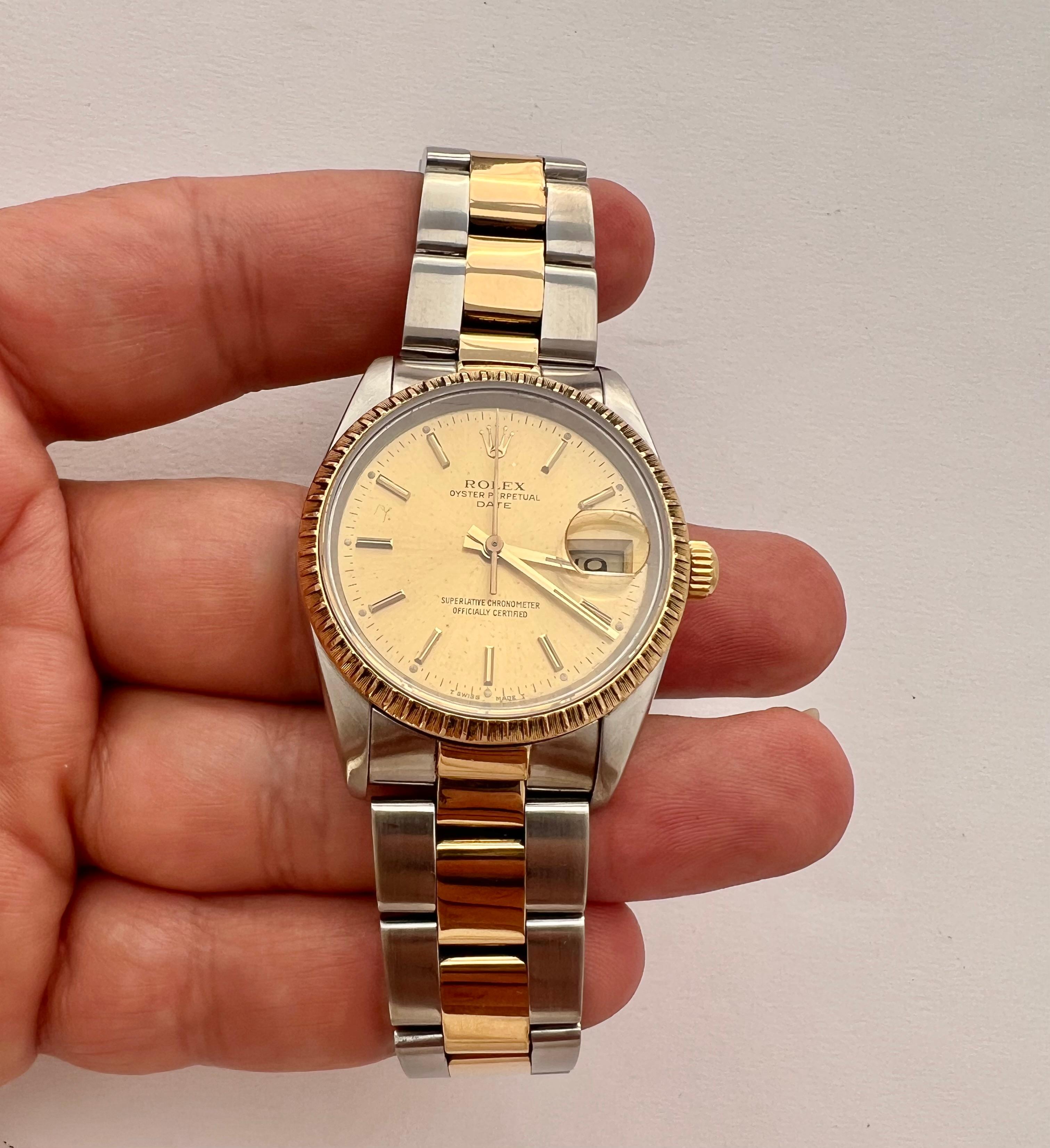 Rolex Oyster Perpetual Date 15223 Champagne Dial 18k Yellow Gold & Steel Watch   For Sale 10