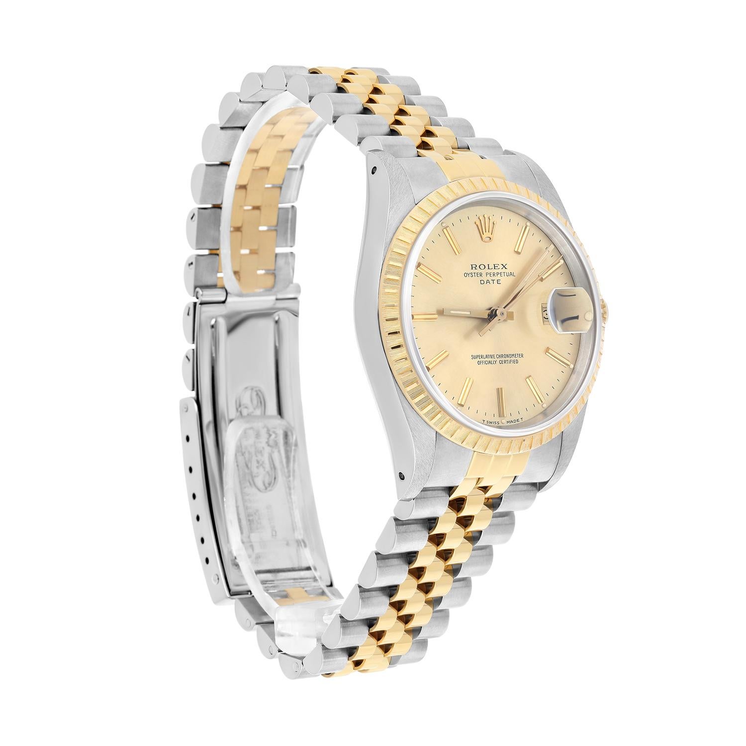 Modern Rolex Oyster Perpetual Date 15223 Steel Yellow Gold Watch Engine Turned Bezel