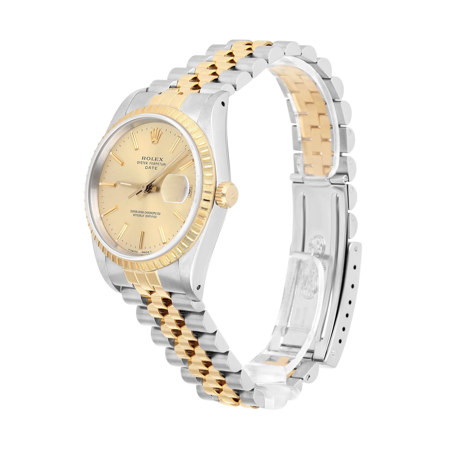 Women's or Men's Rolex Oyster Perpetual Date 15223 Steel Yellow Gold Watch Engine Turned Bezel