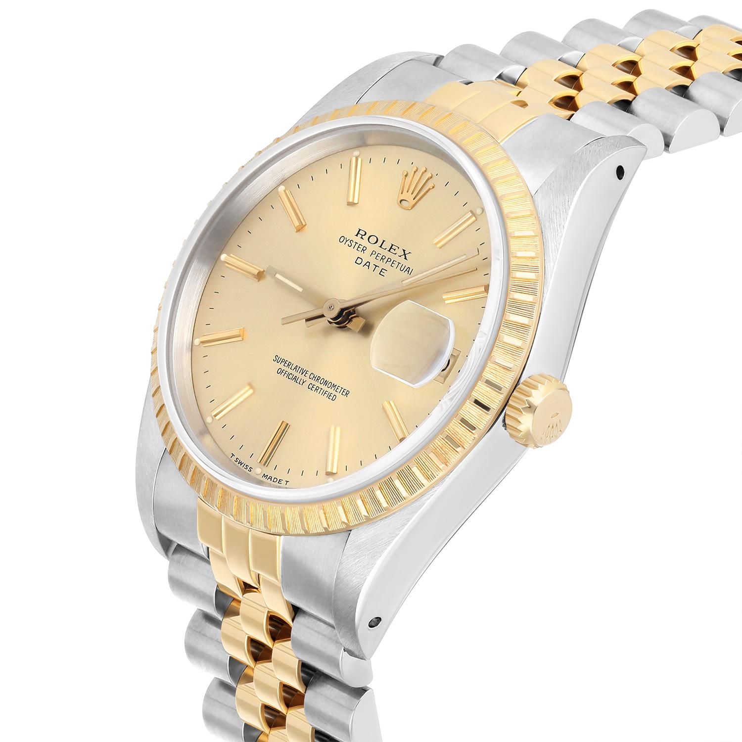 Rolex Oyster Perpetual Date 15223 Steel Yellow Gold Watch Engine Turned Bezel For Sale 1