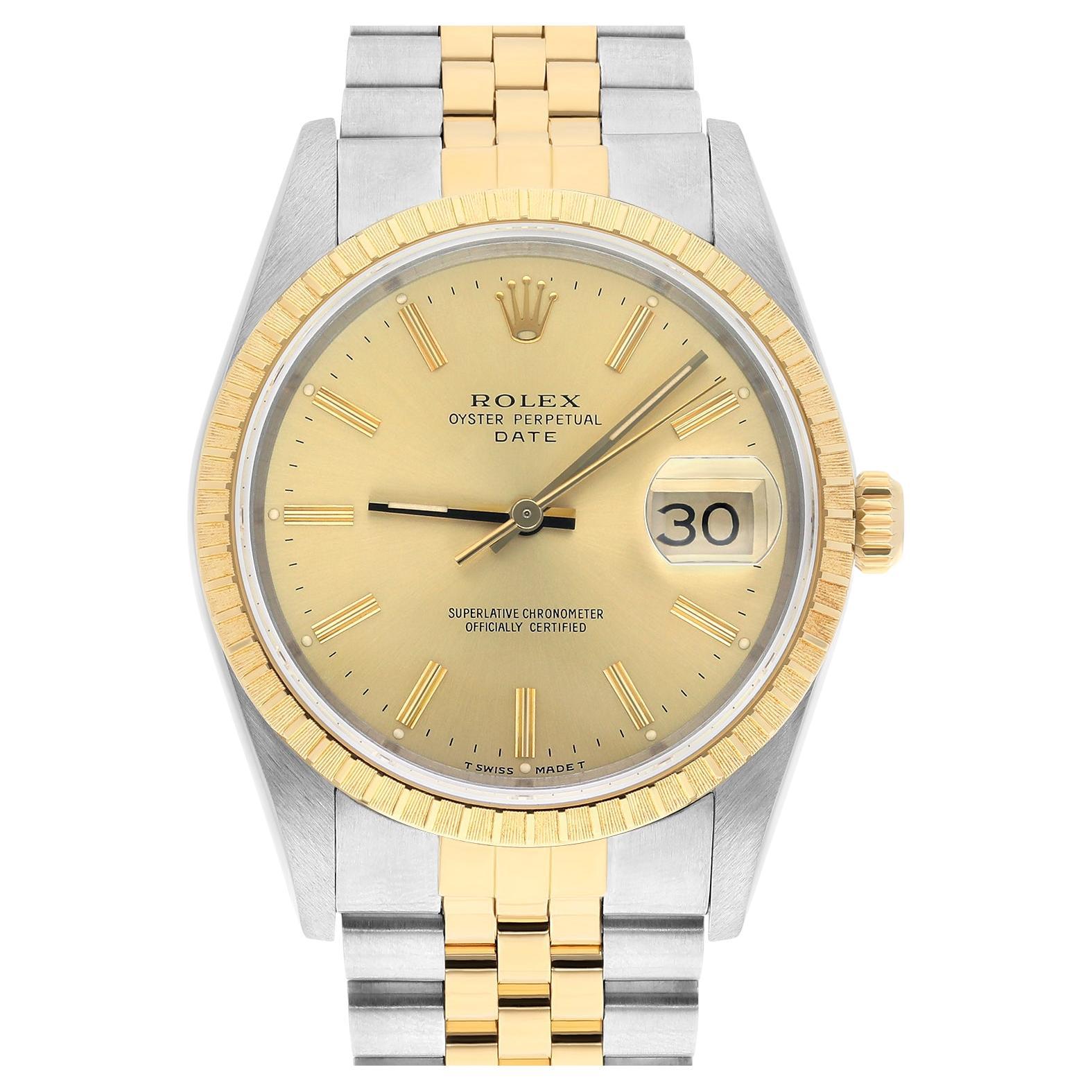 Rolex Oyster Perpetual Date 15223 Steel Yellow Gold Watch Engine Turned Bezel For Sale