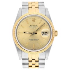 Vintage Rolex Oyster Perpetual Date 15223 Steel Yellow Gold Watch Engine Turned Bezel