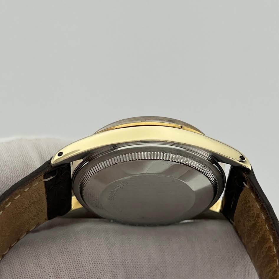 Rolex Oyster Perpetual Date 1550 34mm Champagner Zifferblatt 14k Gold Edelstahl im Angebot 1