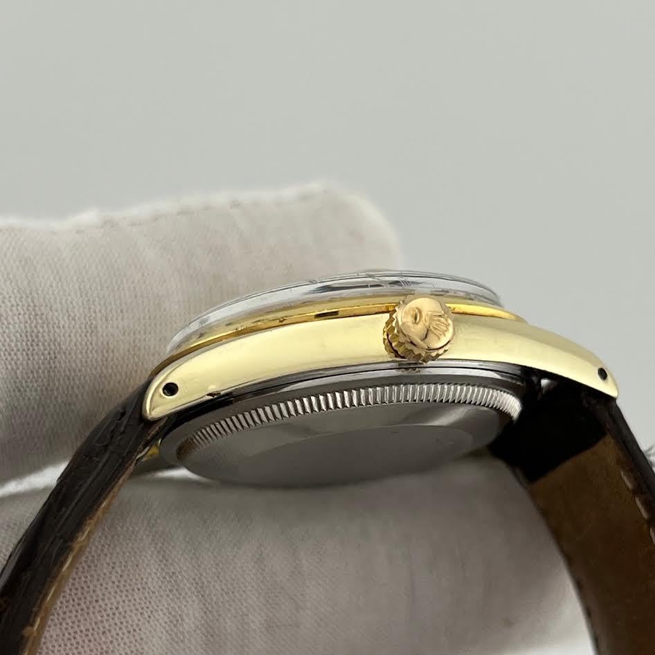 Rolex Oyster Perpetual Date 1550 34mm Champagner Zifferblatt 14k Gold Edelstahl im Angebot 2