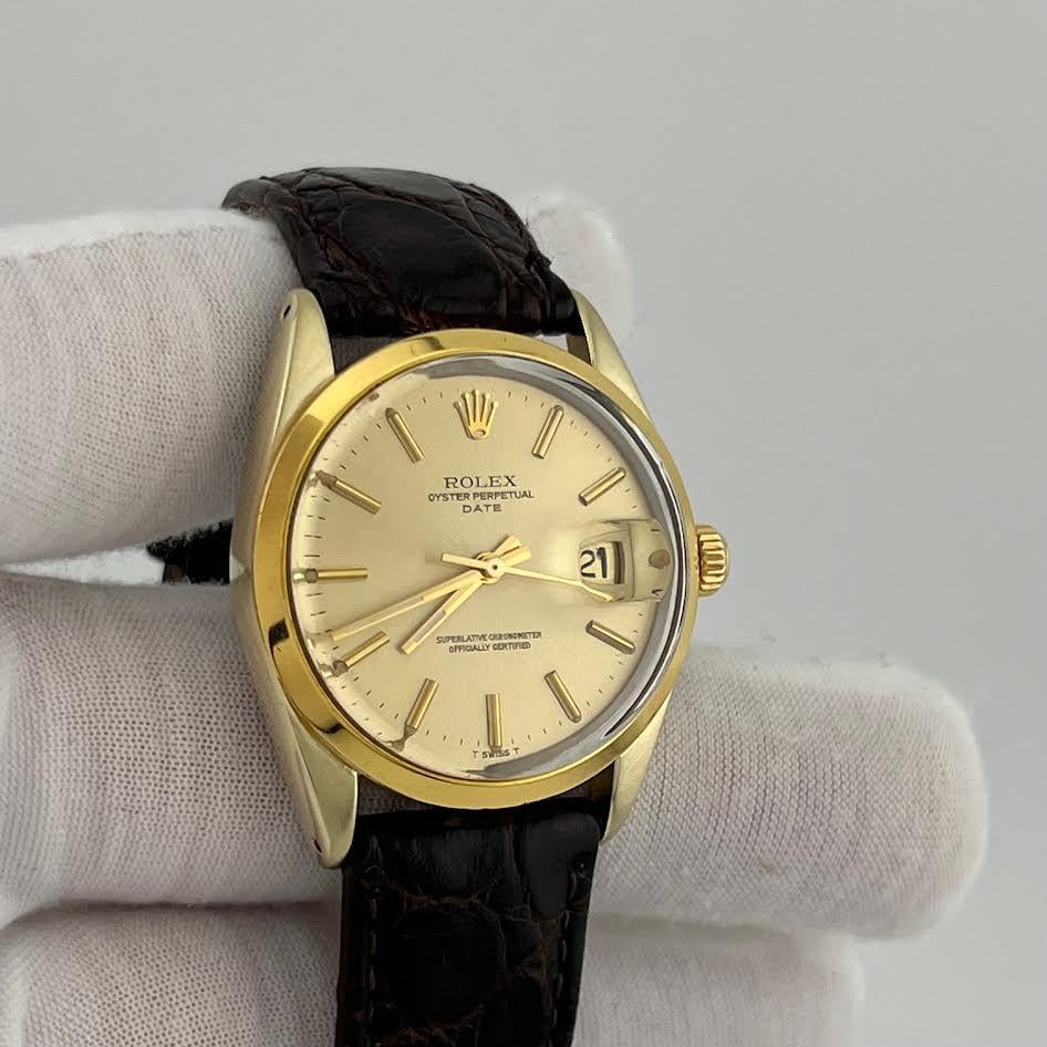 Rolex Oyster Perpetual Date 1550 34mm Champagner Zifferblatt 14k Gold Edelstahl im Angebot 3