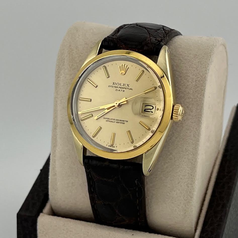 Rolex Oyster Perpetual Date 1550 34mm Champagner Zifferblatt 14k Gold Edelstahl im Angebot 4