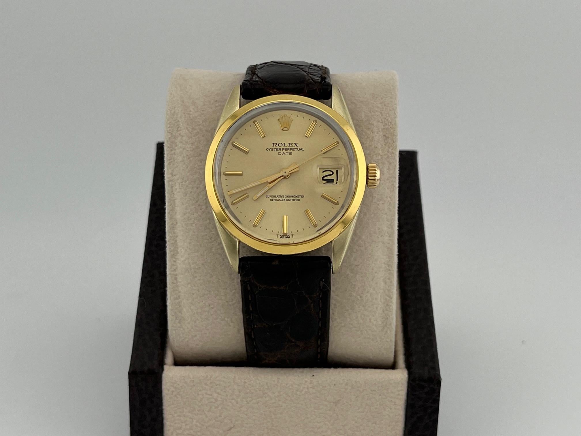 Rolex Oyster Perpetual Date 1550 34mm Champagner Zifferblatt 14k Gold Edelstahl im Angebot 5