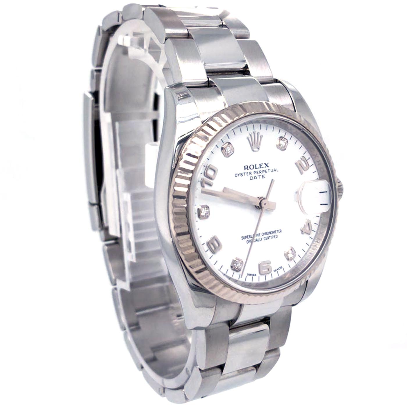 Modernist Rolex Oyster Perpetual Date 34 Stainless Steel 18k White Gold Oyster-Band 115234 For Sale