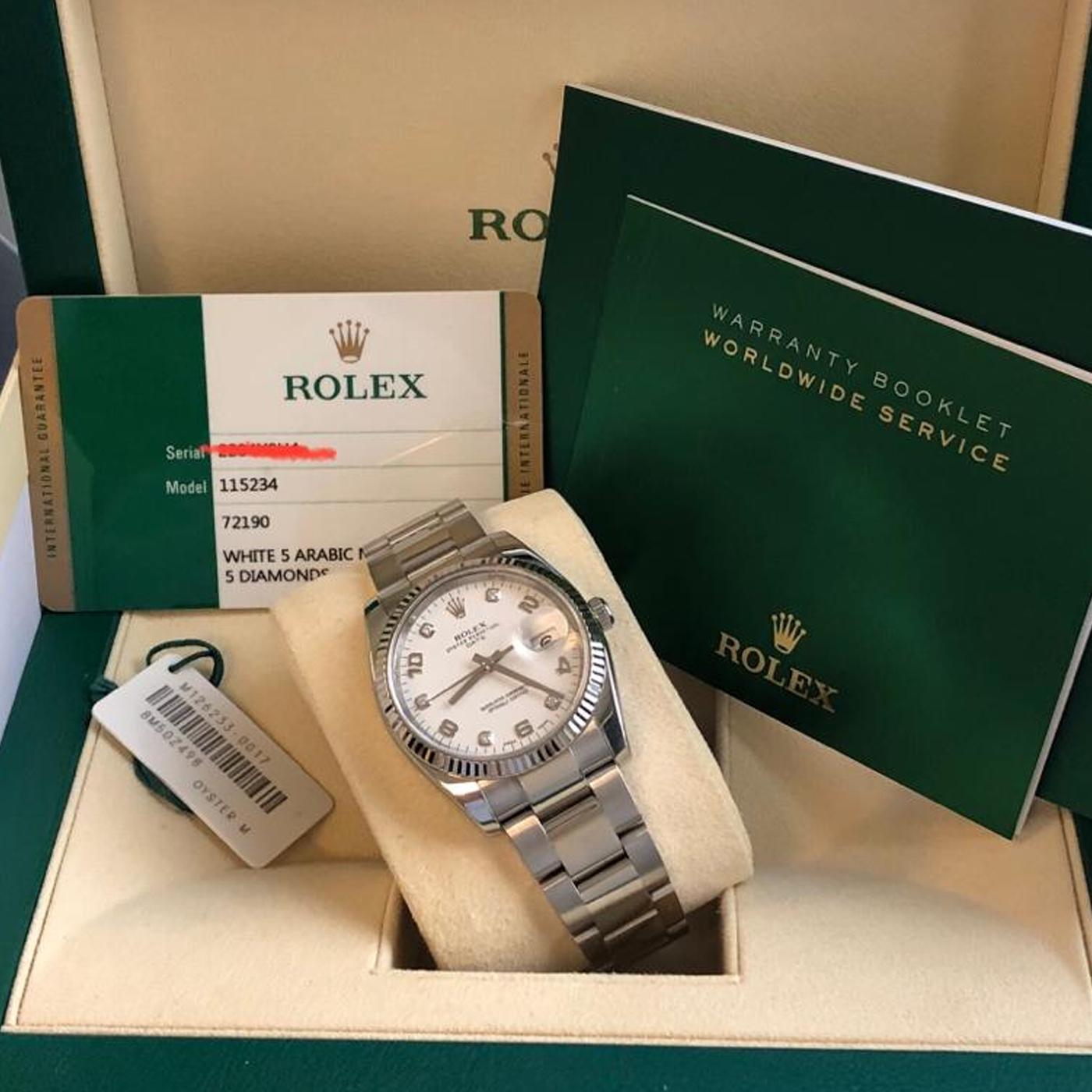 Women's or Men's Rolex Oyster Perpetual Date 34 Stainless Steel 18k White Gold Oyster-Band 115234 For Sale