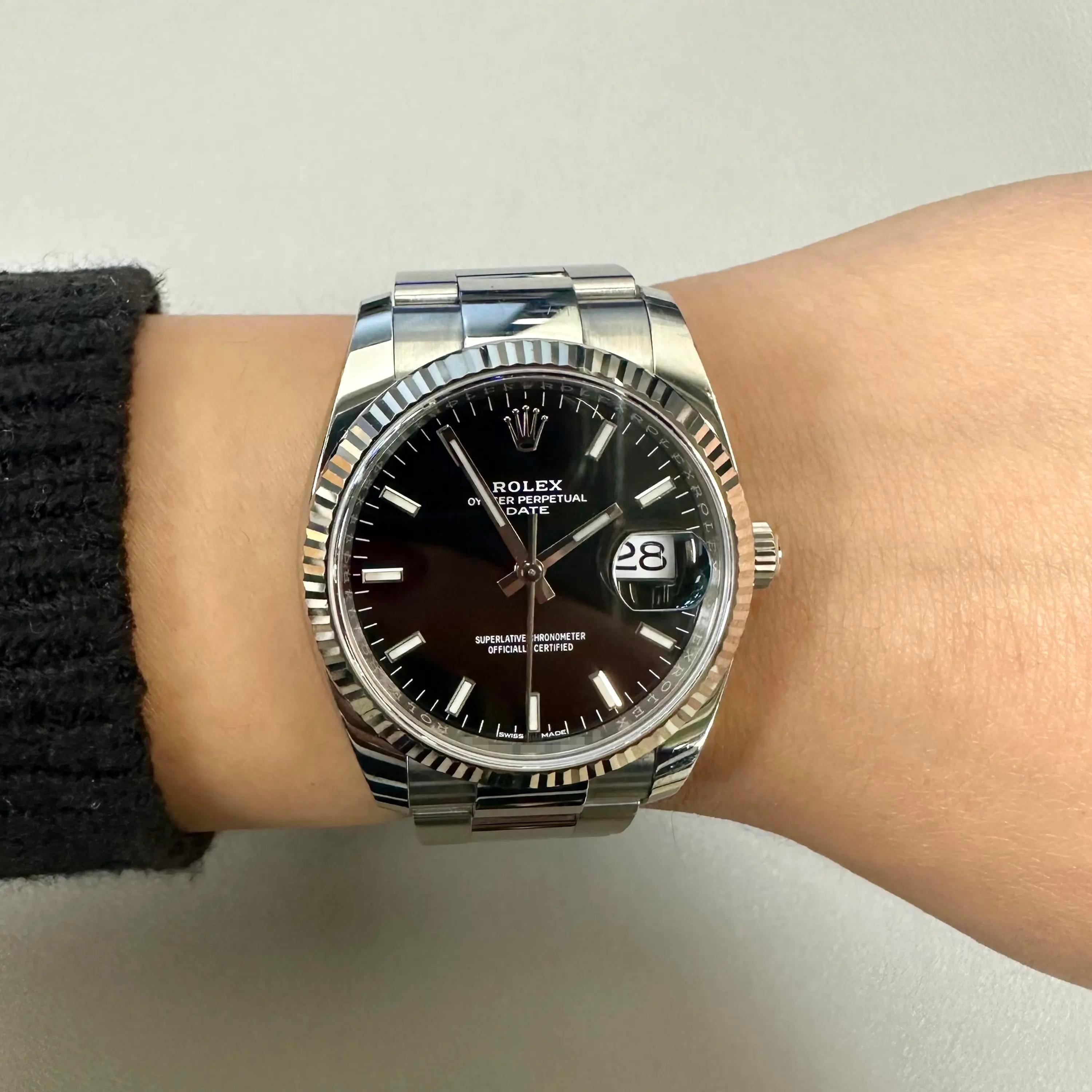 Rolex Oyster Perpetual Date 34mm 18k White Gold Steel Automatic Men Watch 115234 In Excellent Condition For Sale In New York, NY