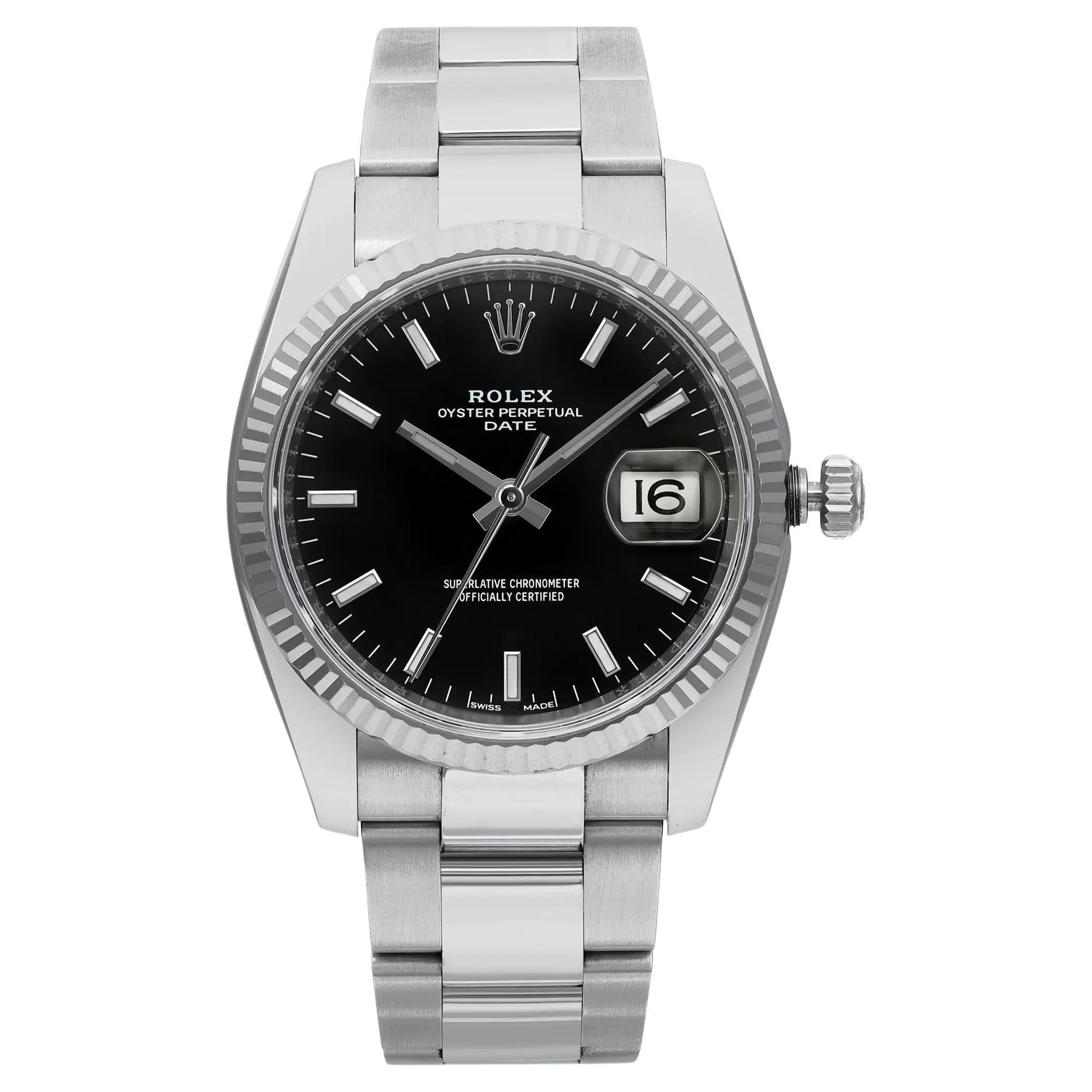 Rolex Oyster Perpetual Date 34mm 18k White Gold Steel Automatic Men Watch 115234 For Sale