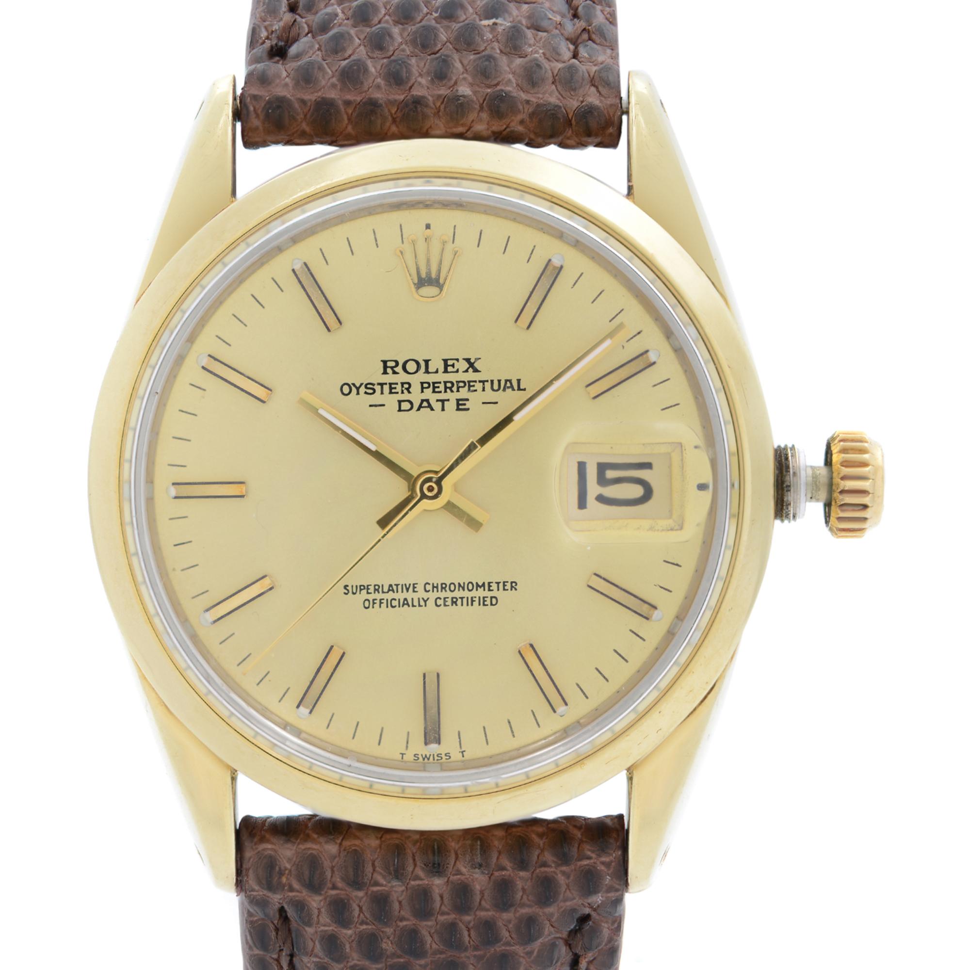 Vintage Pre-owned Vintage Rolex Oyster Perpetual Date 34mm Gold Cap Steel Champagne Dial Men's Watch 15505. This Beautiful Timepiece Was Produced in 1972. It Has An Aftermarket Band But An Original Rolex Buckle. The Watch Case Shows Multiple Dents