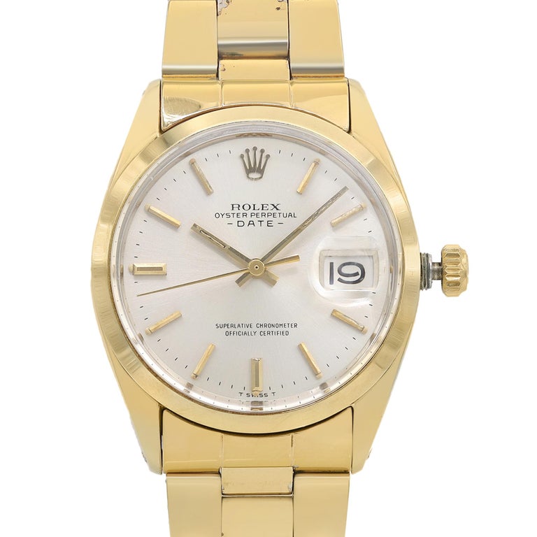 This pre-owned Rolex Oyster Perpetual Date Gold Plated Stainless Steel Silver Dial Automatic Men's Watch. The watch was produced in 1972. Minor scuffs, scratches, Gold plate peeling, and discoloration on the band. 

Brand: Rolex  Type: Wristwatch 