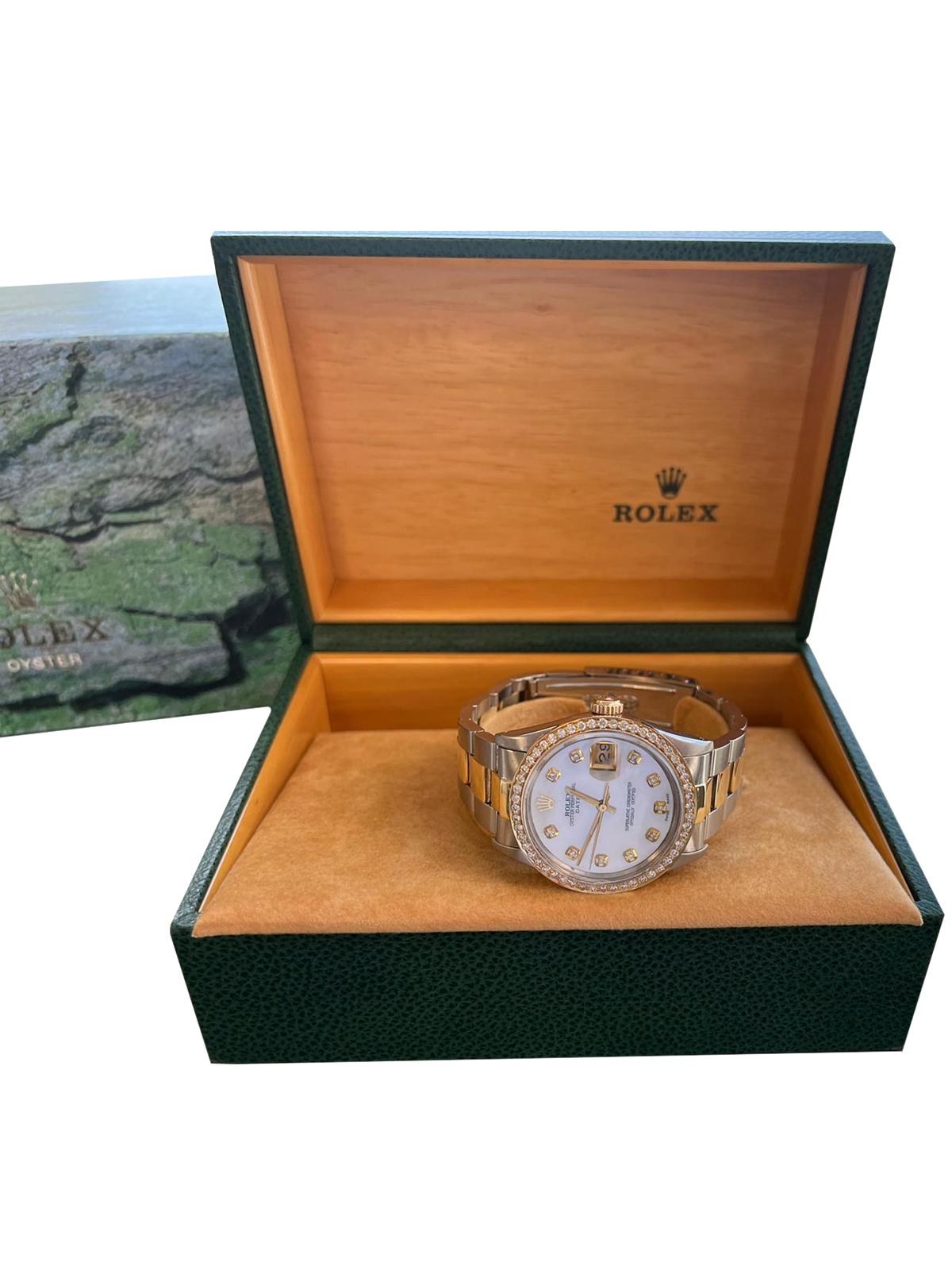 Rolex Oyster Perpetual Date Gold Steel Diamond MOP Dial Diamond Bezel ...