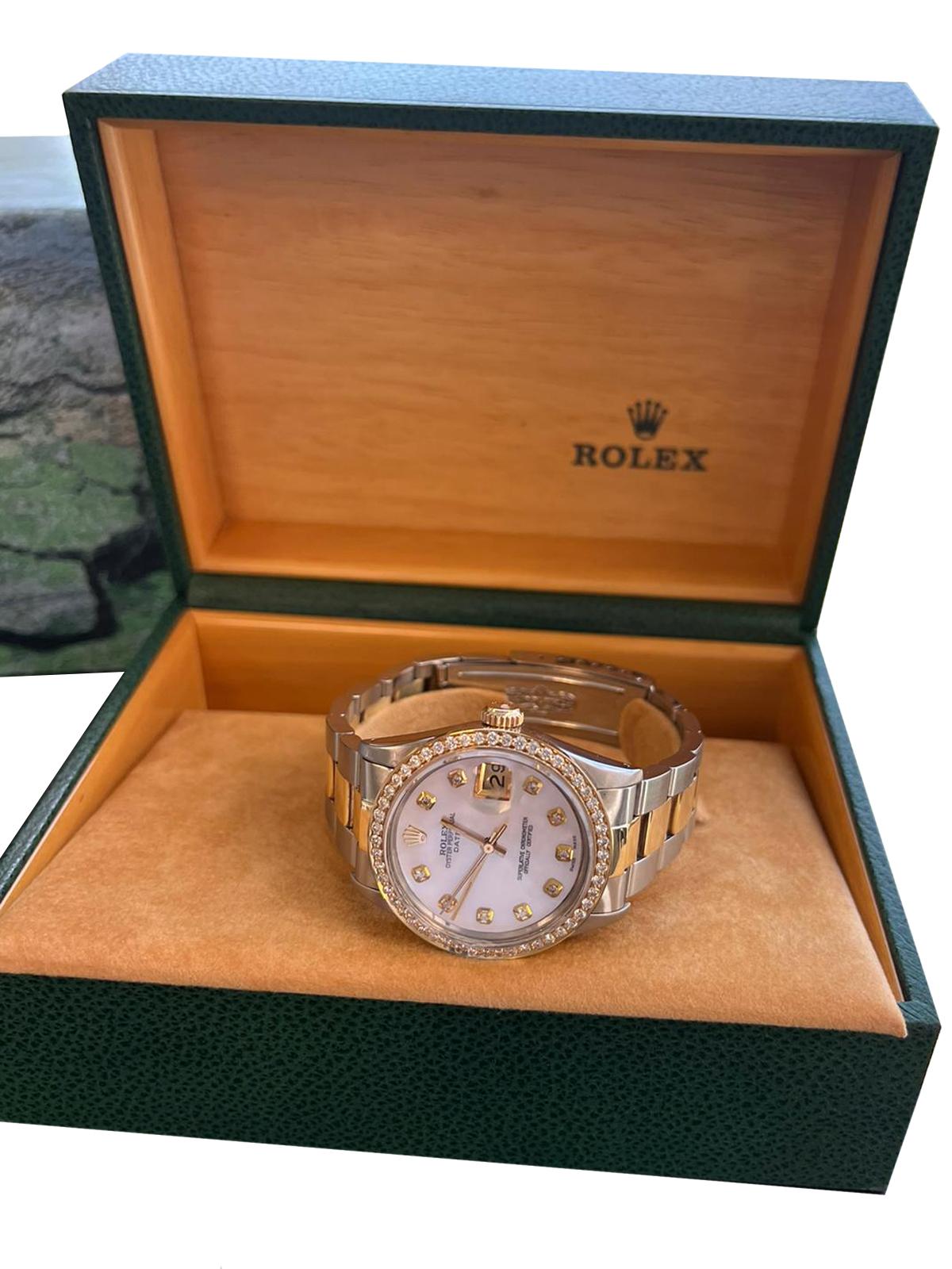 Rolex Oyster Perpetual Date Gold Steel Diamond MOP Dial Diamond Bezel ...