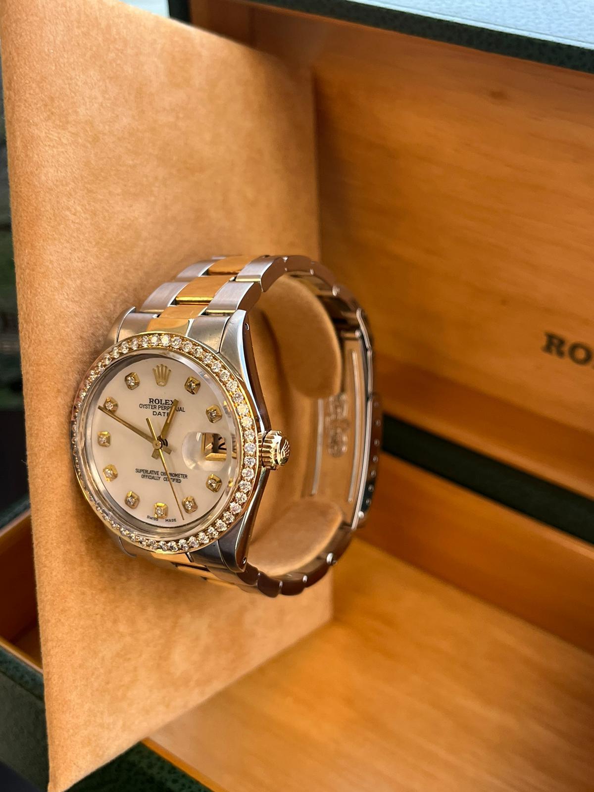 Rolex Oyster Perpetual Date Gold Steel Diamond MOP Dial Diamond Bezel ...