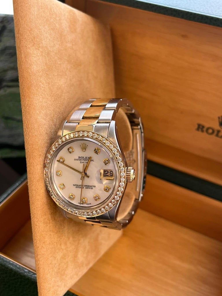 Rolex Oyster Perpetual Date 34mm Gold Steel Diamond MOP Dial Diamond Bezel  15053 For Sale at 1stDibs | 34mm rolex on wrist, datejust 34 mm, rolex 34mm  on wrist