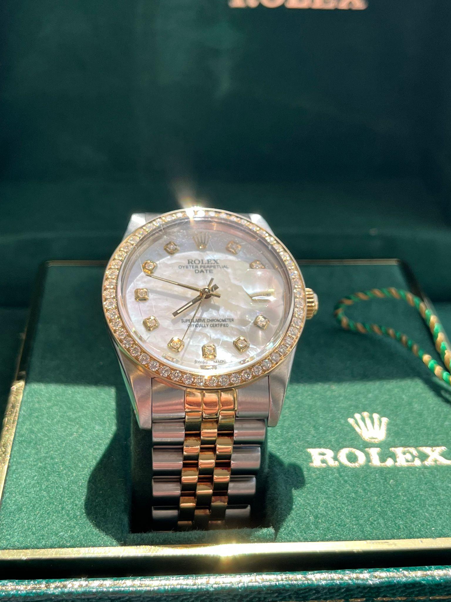 Rolex Oyster Perpetual Date 34mm MOP Diamond Dial Bezel Two-Tone Watch 15053 For Sale 5