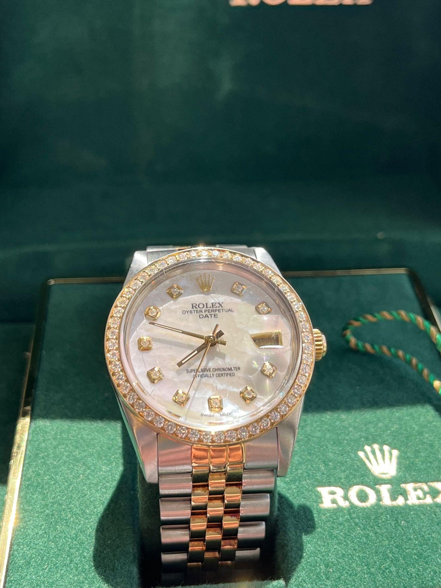 Rolex Oyster Perpetual Date 34mm MOP Diamond Dial Bezel Two-Tone Watch 15053 For Sale 6