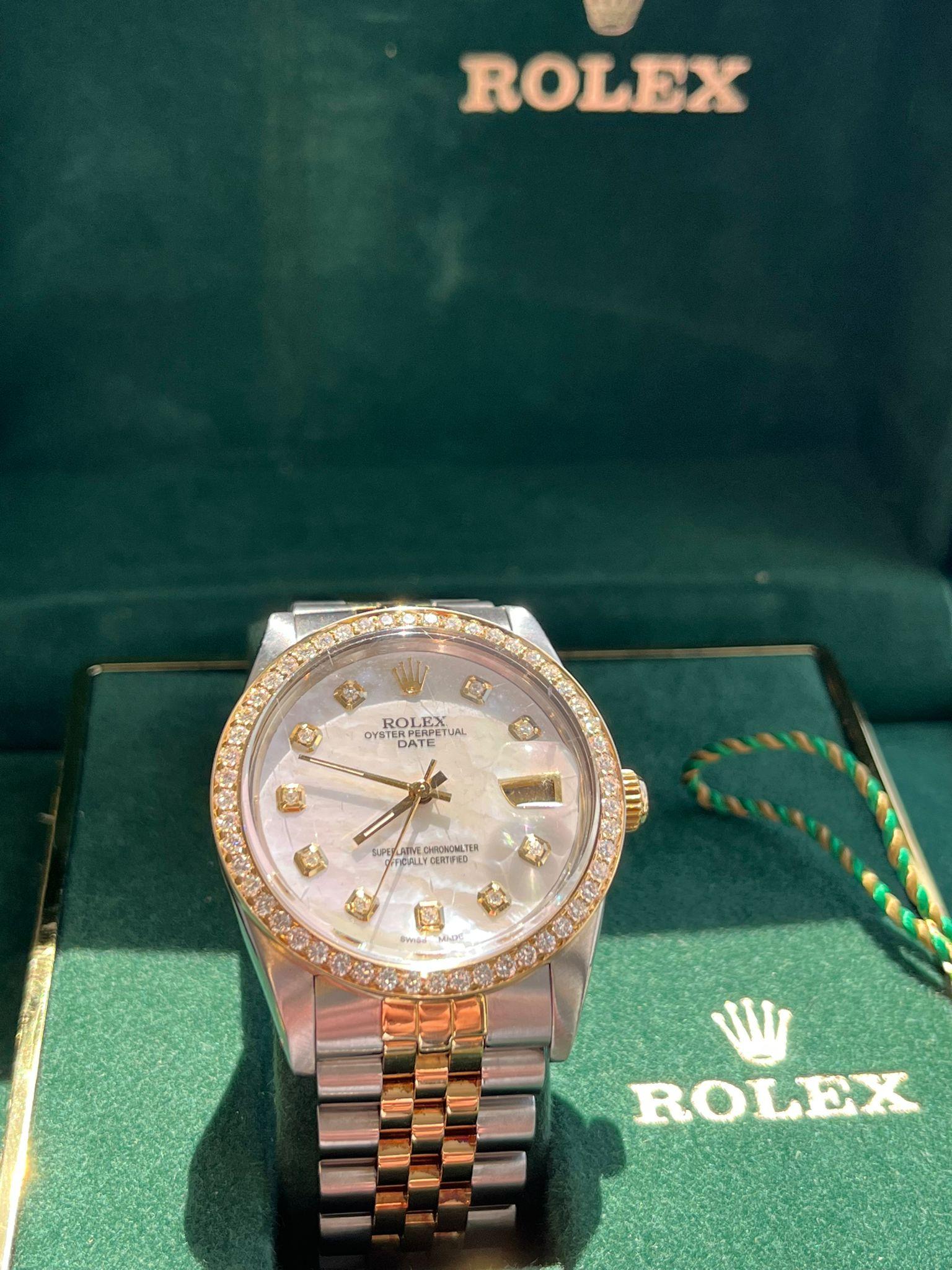 Rolex Oyster Perpetual Date 34mm MOP Diamond Dial Bezel Two-Tone Watch 15053 For Sale 7