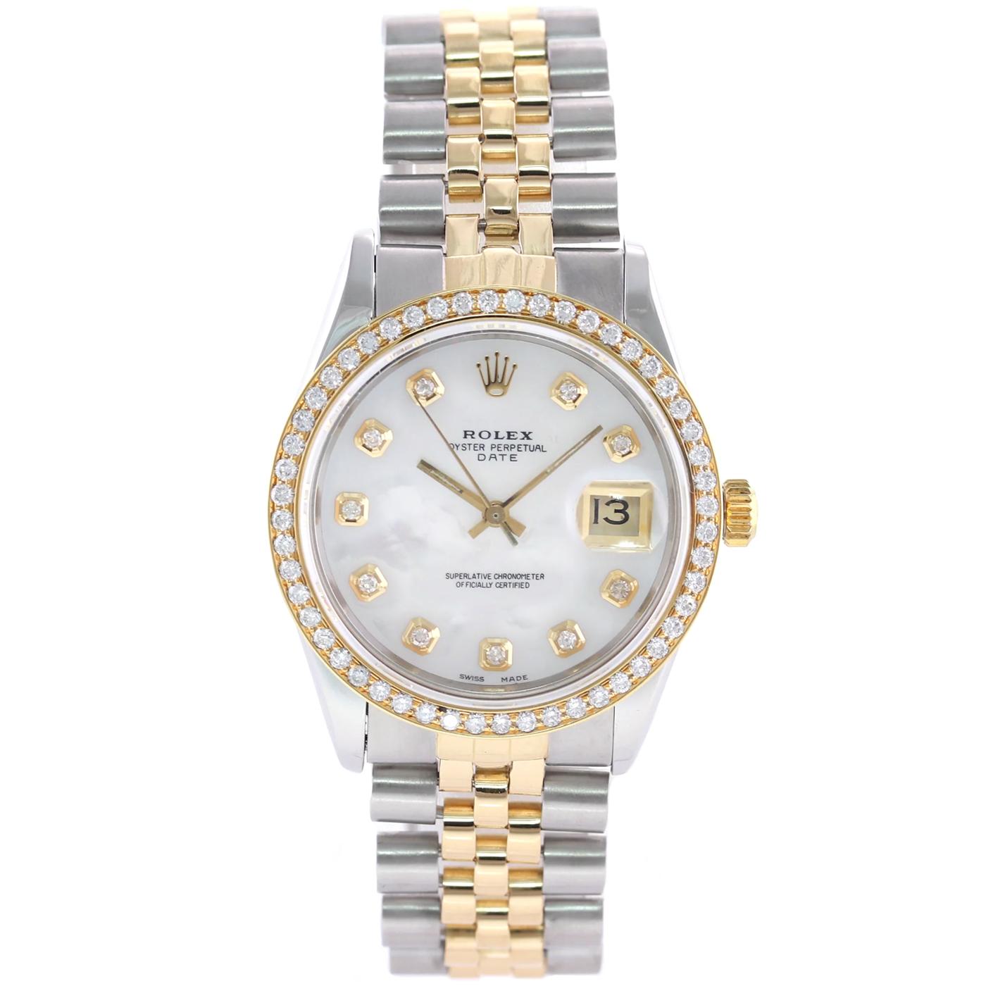 Rolex Oyster Perpetual Date 15053, Case Size/Material: 34mm Stainless Steel/Gold, Aftermarket Natural Diamond Bezel, Aftermarket Mother of Pearls Diamond Hour Markers (Dial), with Automatic Movement, Stainless Steel, and Yellow Gold Oyster Bracelet