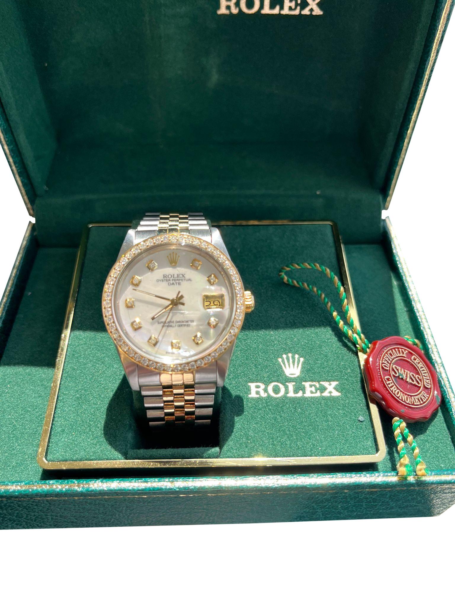 Modernist Rolex Oyster Perpetual Date 34mm MOP Diamond Dial Bezel Two-Tone Watch 15053 For Sale