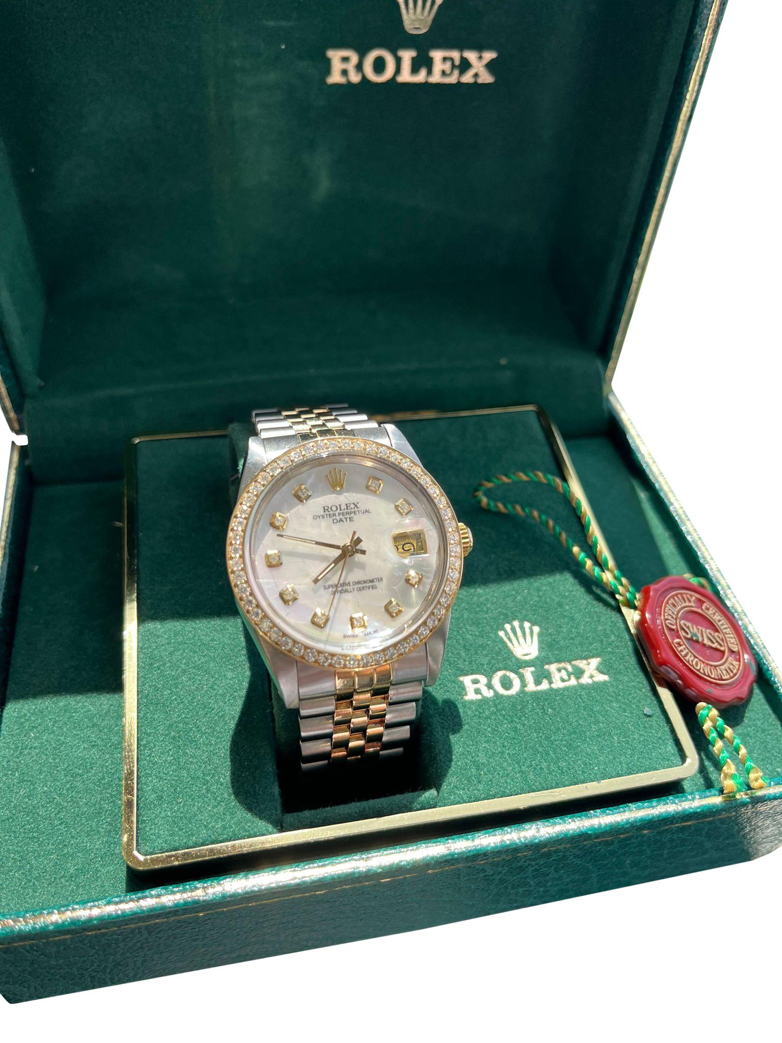 Rolex Oyster Perpetual Date 34mm MOP Diamond Dial Bezel Two-Tone Watch 15053 In Good Condition For Sale In Aventura, FL