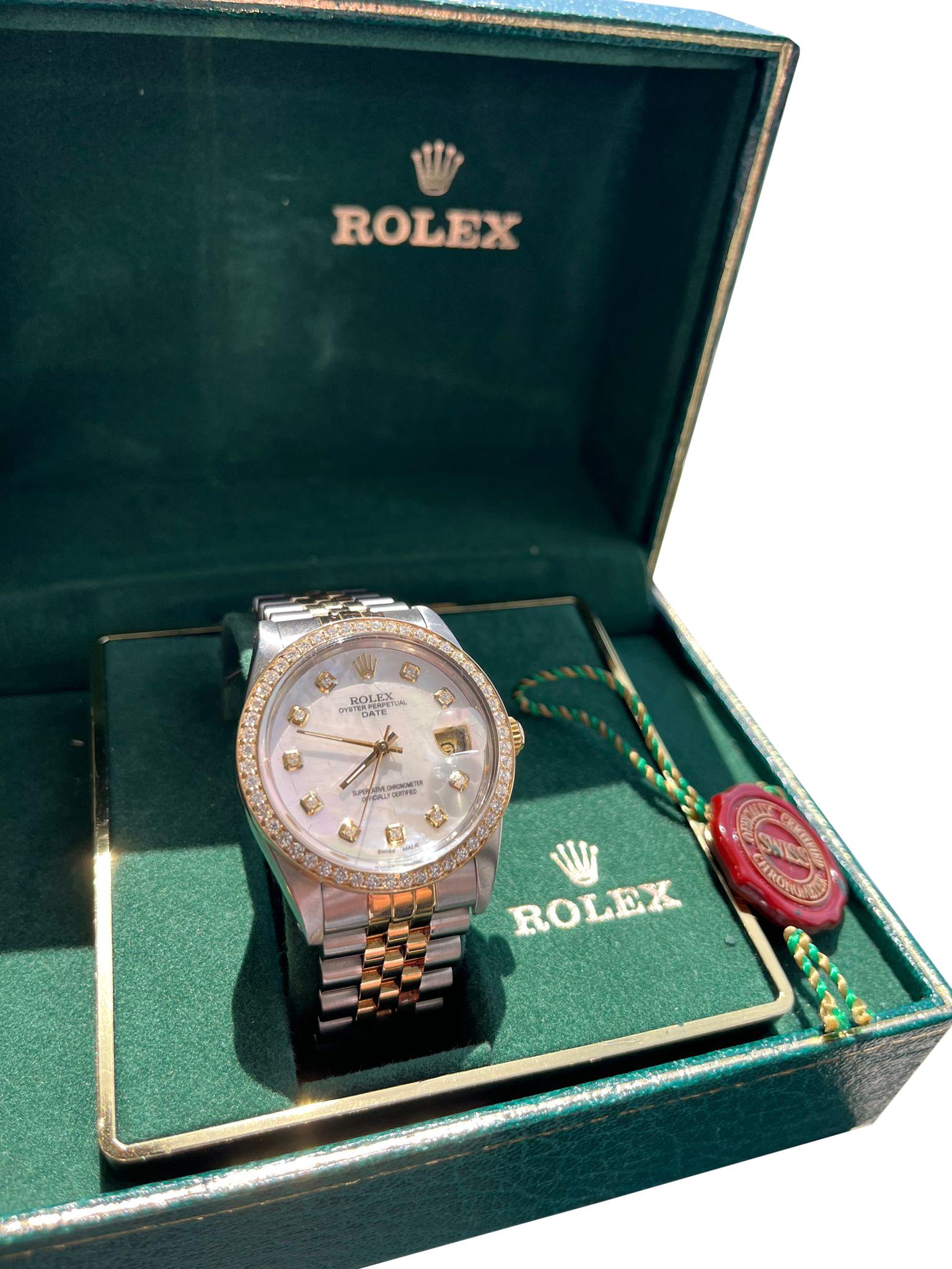 Women's or Men's Rolex Oyster Perpetual Date 34mm MOP Diamond Dial Bezel Two-Tone Watch 15053 For Sale