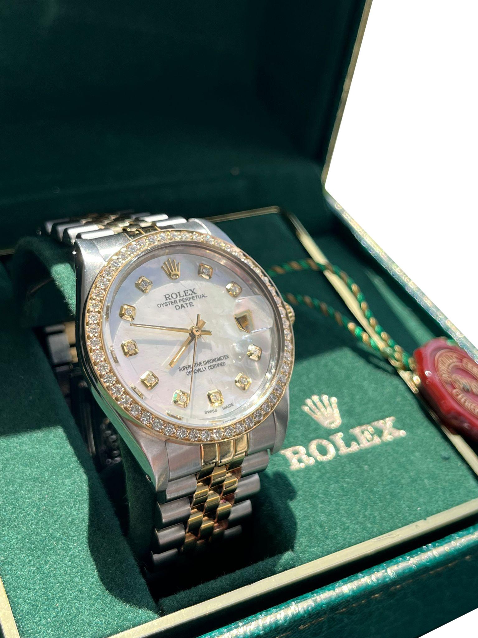 Rolex Oyster Perpetual Date 34mm MOP Diamond Dial Bezel Two-Tone Watch 15053 For Sale 2