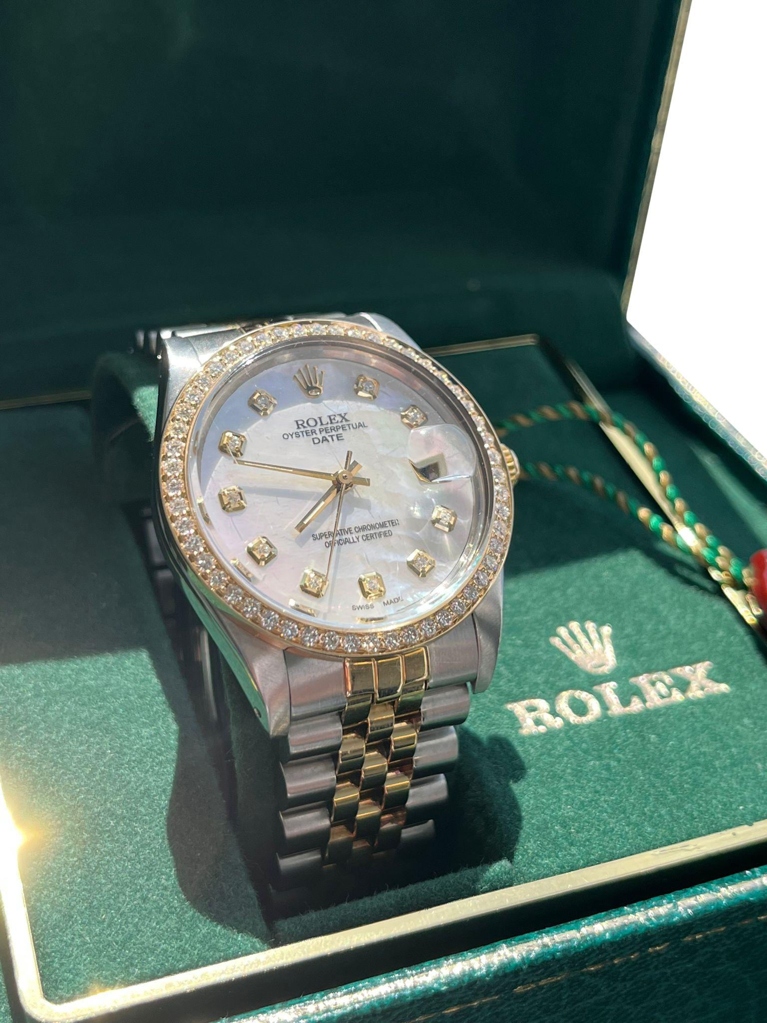 Rolex Oyster Perpetual Date 34mm MOP Diamond Dial Bezel Two-Tone Watch 15053 For Sale 4