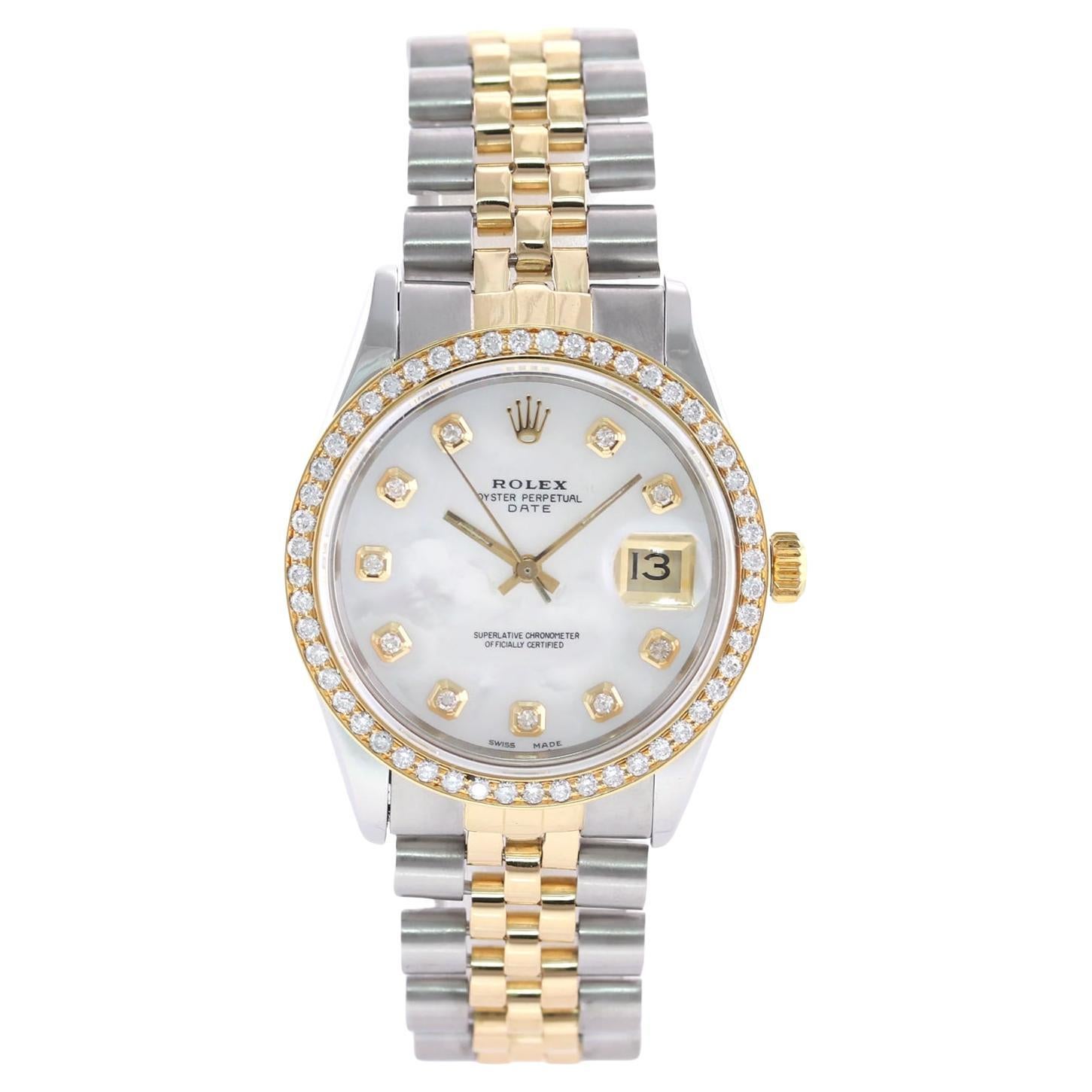 Rolex Oyster Perpetual Date 34mm MOP Diamond Dial Bezel Two-Tone Watch 15053 For Sale