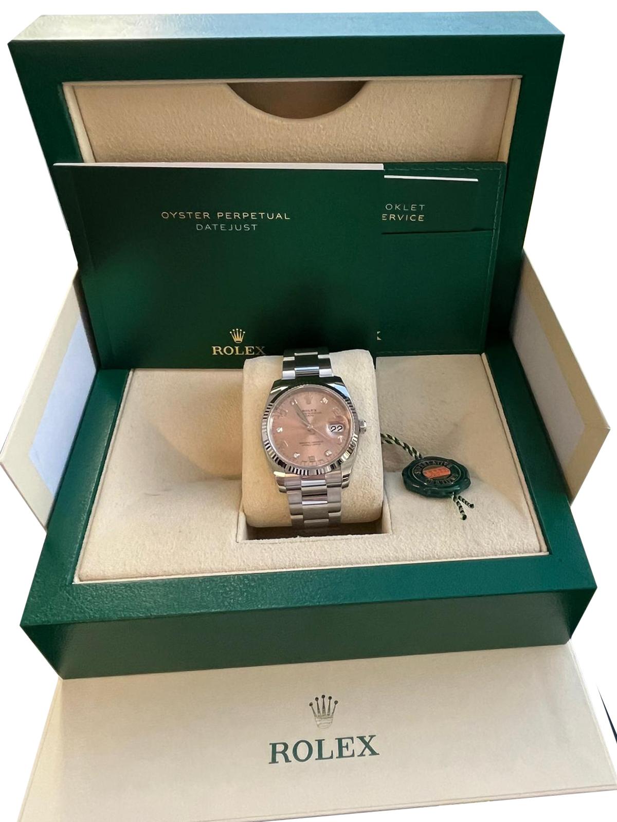 Modernist Rolex Oyster Perpetual Date 34mm Steel Fluted Bezel Pink Arabic Watch 115234